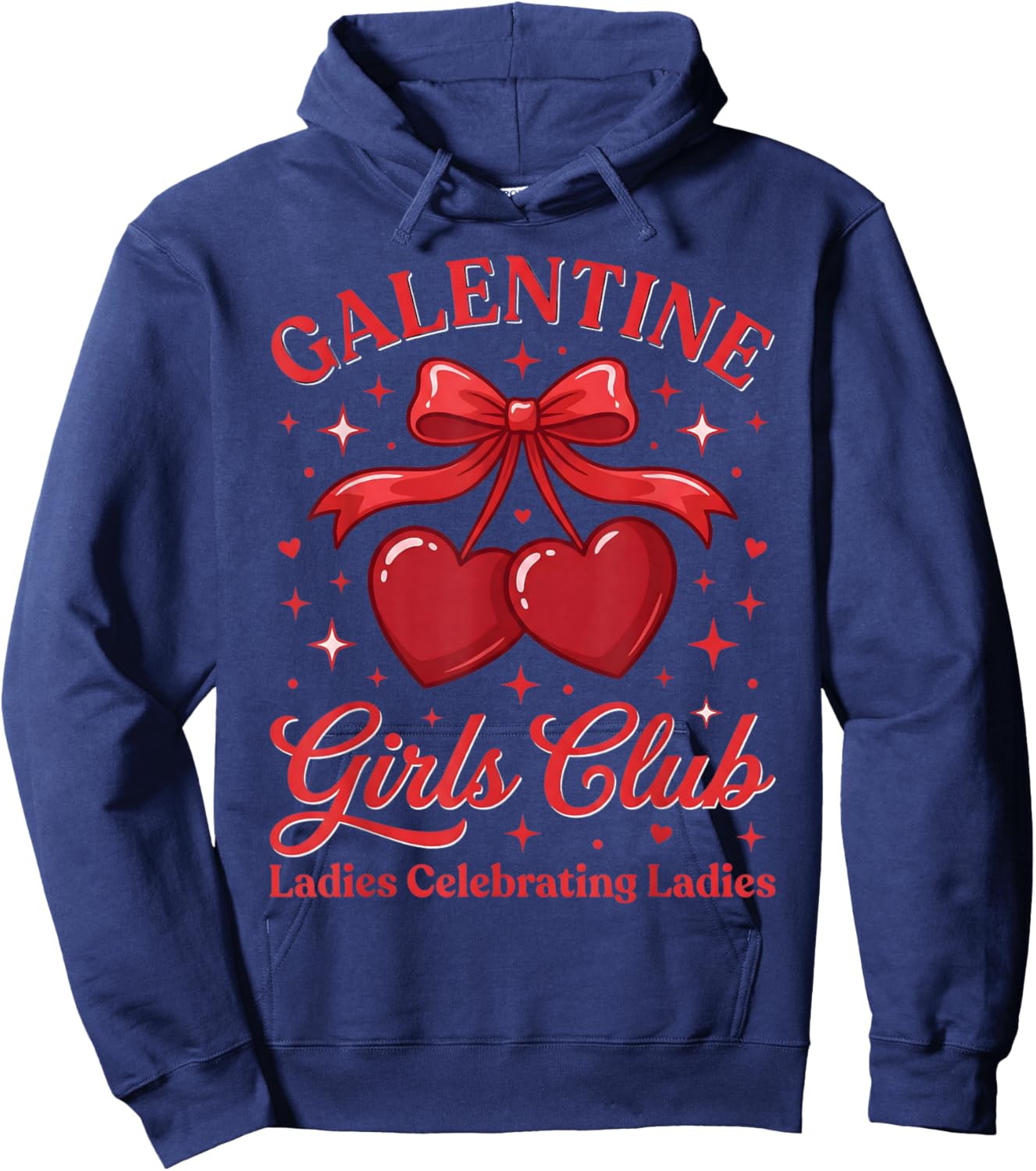 Galentine Girls Club Red Cherry Heart Bow Coquette Hoodie - Hoodie | Navy