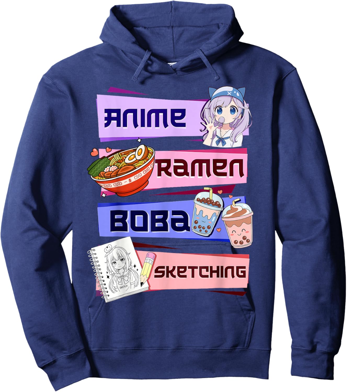 Anime Girl Ramen Boba Tea Bubble Tea Sketching Japanese Hoodie - Hoodie | Navy