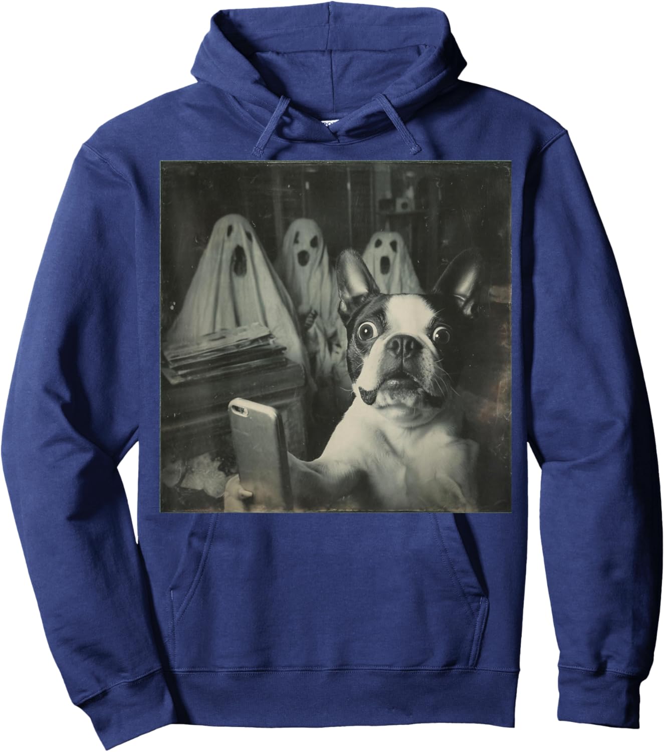 Funny Boston Terrier Selfie with Ghosts, Halloween Dog Lover Hoodie - Hoodie | Navy