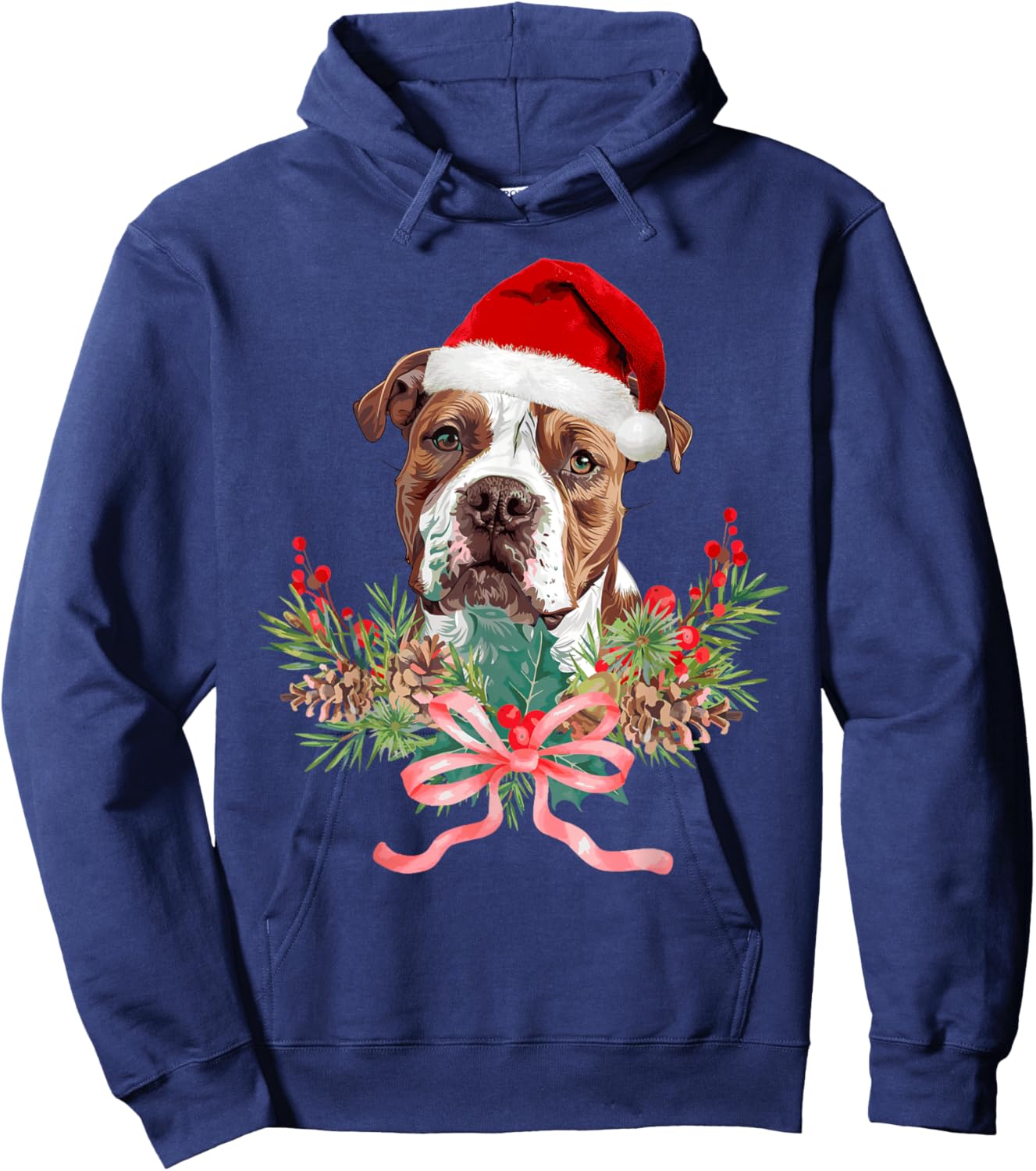 Pitbull Dog Santa Hat Wreath Merry Christmas Pajamas Kids Hoodie - Hoodie | Navy