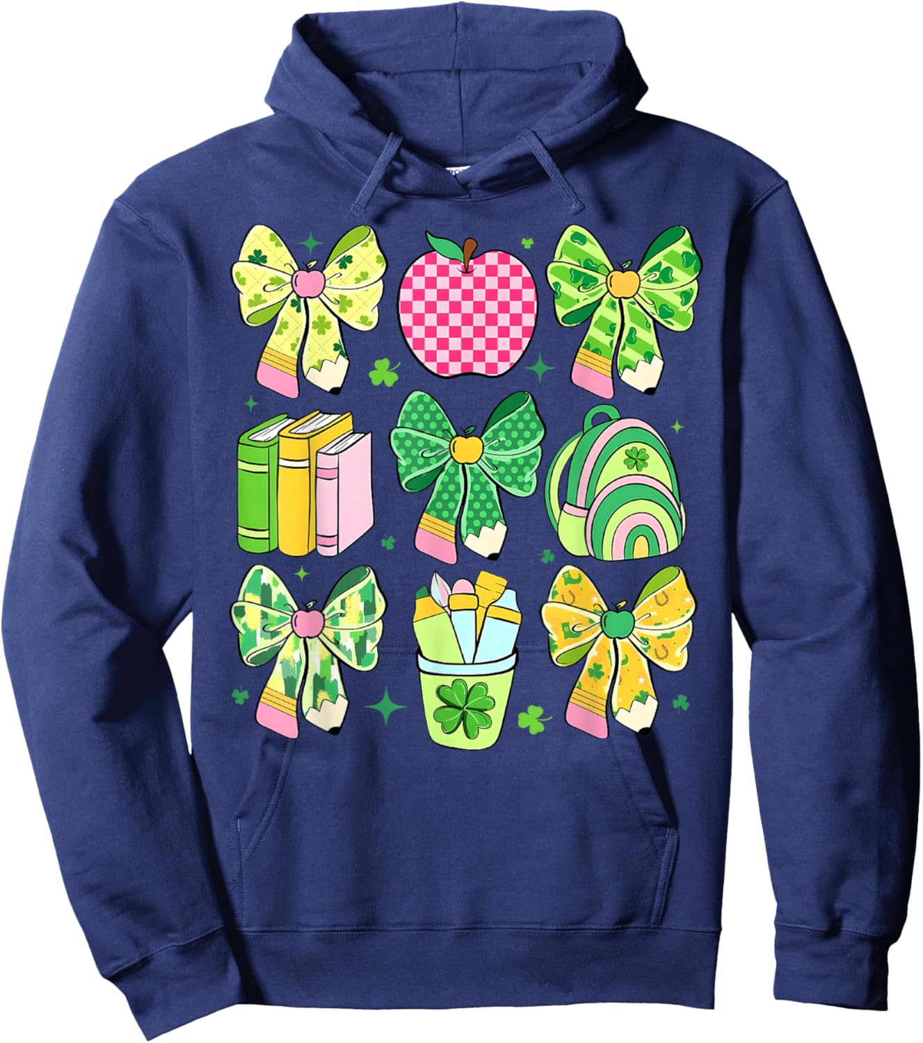 Lucky Teacher St Patrick's Day Coquette Bow Book Apple Hoodie - Hoodie | Navy
