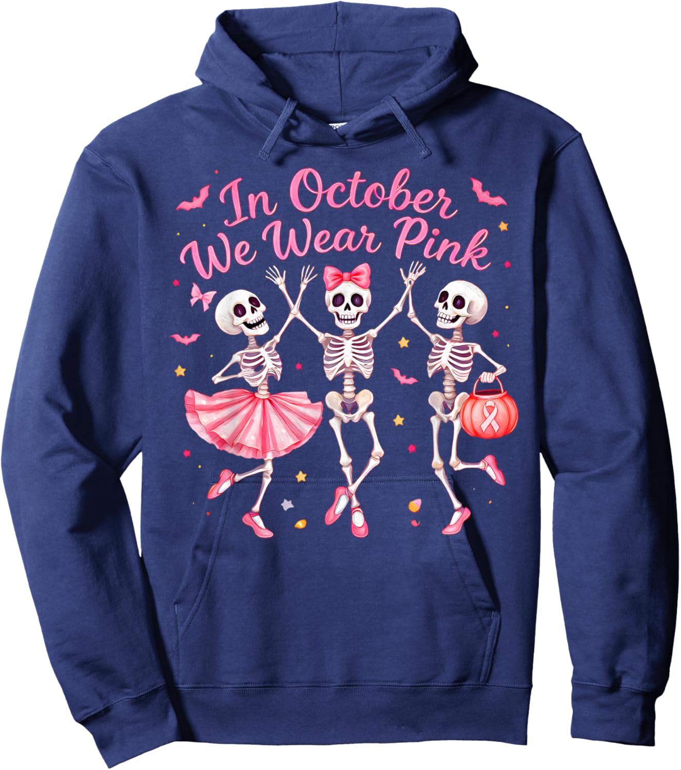in October We Wear Pink Dancing Skeleton Breast Cancer Hoodie - Hoodie | Navy