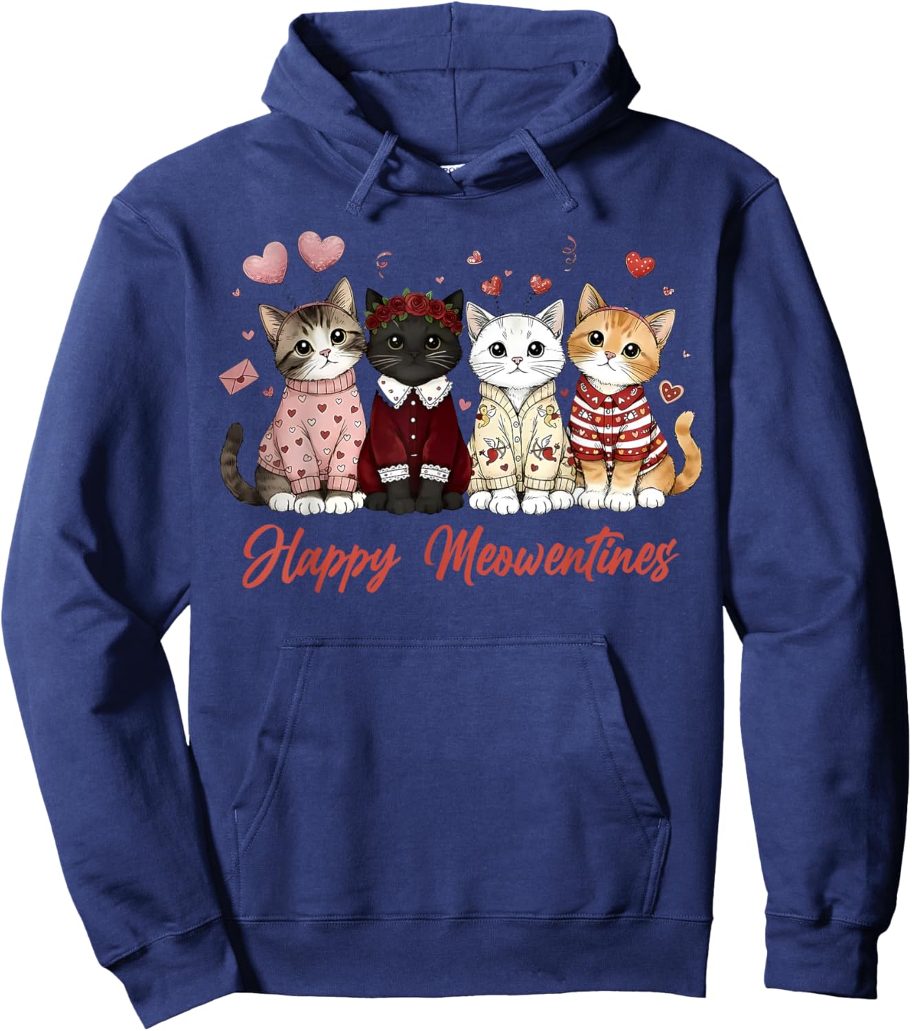 Valentine Cat Happy Meowentines Heart Valentines Cat Lover Hoodie - Hoodie | Navy