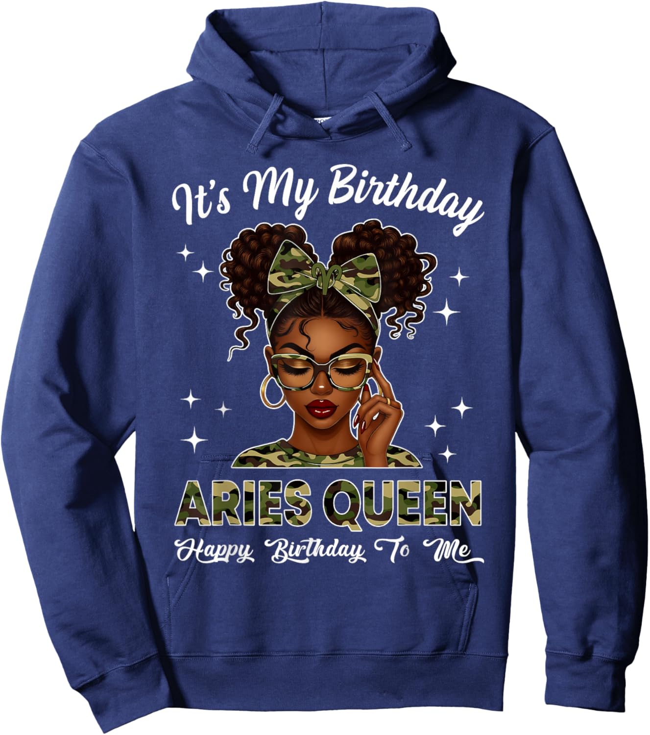 It's My Birthday Aries Queen Camo Bow Afro Black Girl Hoodie - Hoodie | Navy