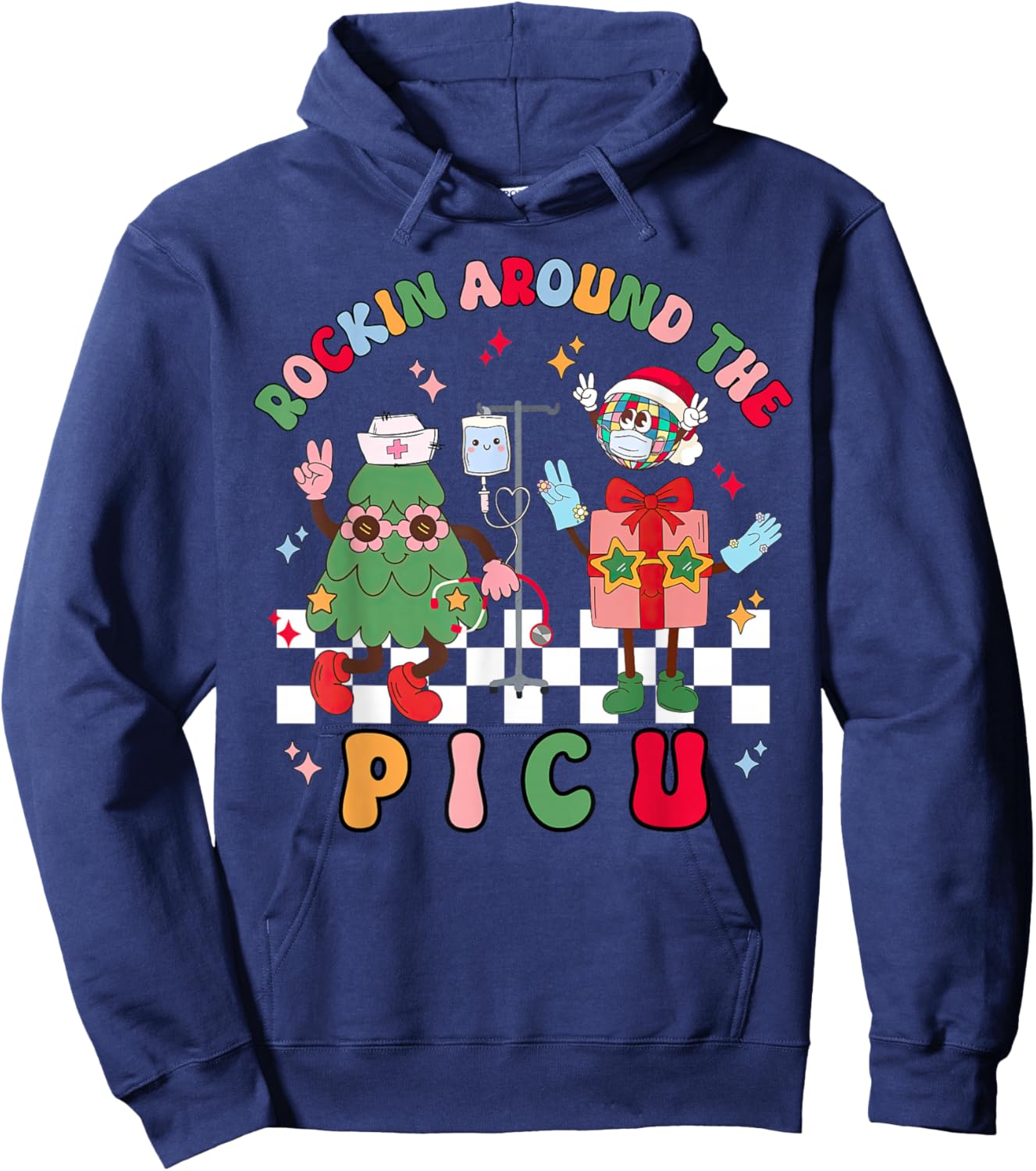 Rockin Around The PICU Nurse Christmas Pediatric ICU Nurse Hoodie - Hoodie | Navy