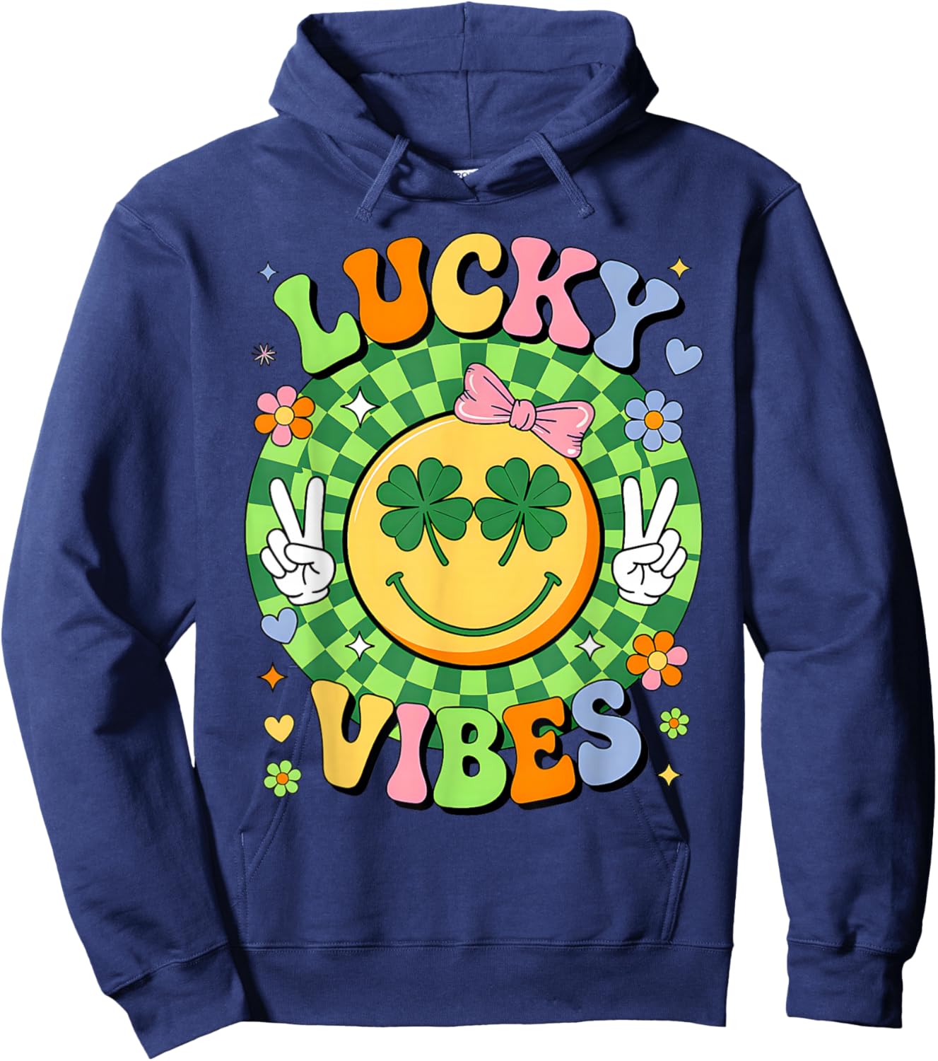 Groovy St Patricks Day Lucky Vibes Shamrock Women Girls Kids Hoodie - Hoodie | Navy