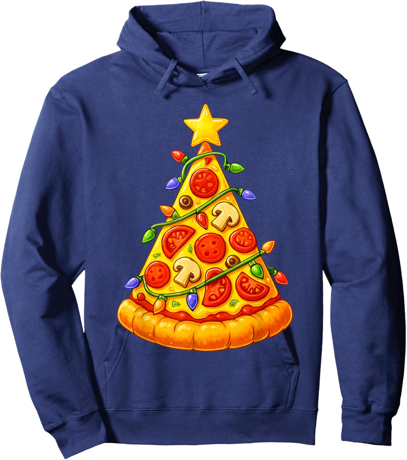 Pizza Slice Christmas Tree Lights Funny Xmas Men Women Kids Hoodie - Hoodie | Navy