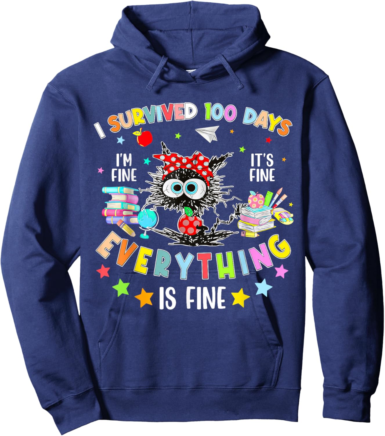 I Survived 100 Days of School Teacher Kids Funny Cat Lover Hoodie - Hoodie | Navy
