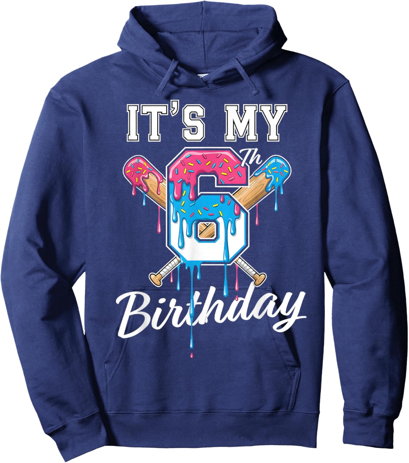 Baseball 6 Year Old Ice Cream Drip 6th Birthday Boy Number 6 Hoodie - Hoodie | Navy