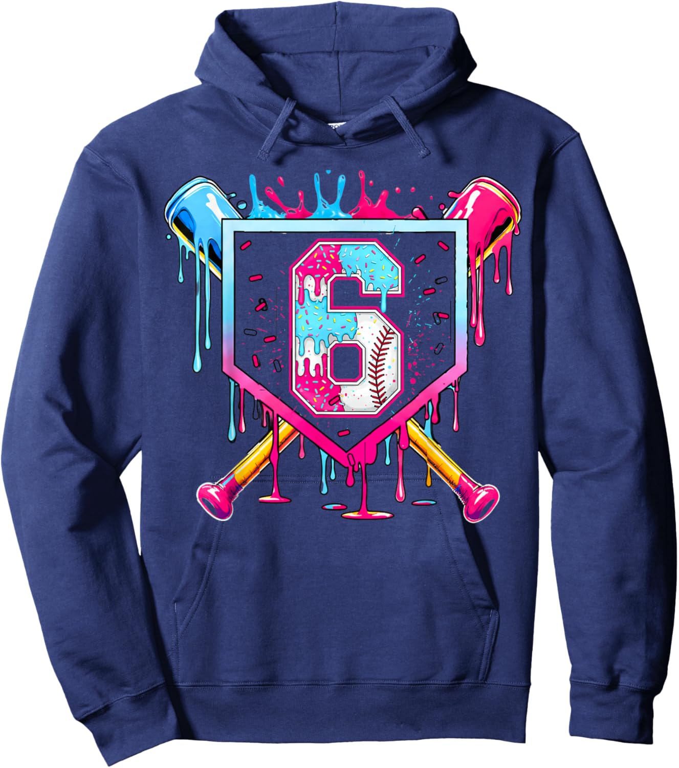 6th Birthday Boys Baseball Ice Cream Drip Bday Boys Baseball Hoodie - Hoodie | Navy