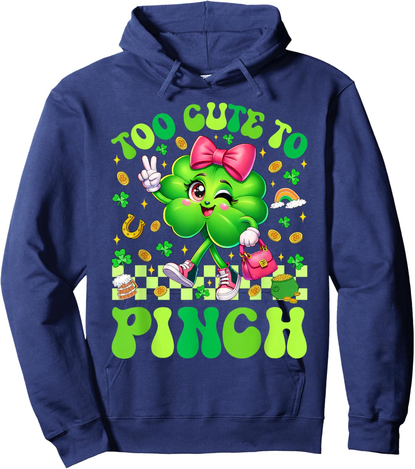 Too Cute to Pinch Shamrock St Patricks Day Toddler Girl Kids Hoodie - Hoodie | Navy