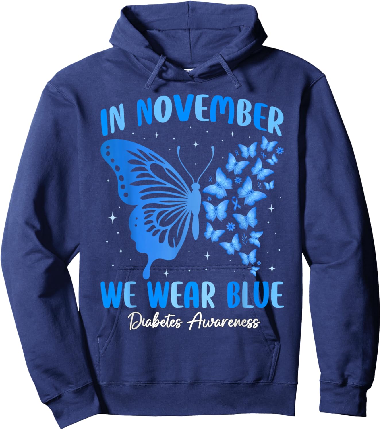 in November We Wear Blue Diabetes Awareness Ribbon Butterfly Hoodie - Hoodie | Navy