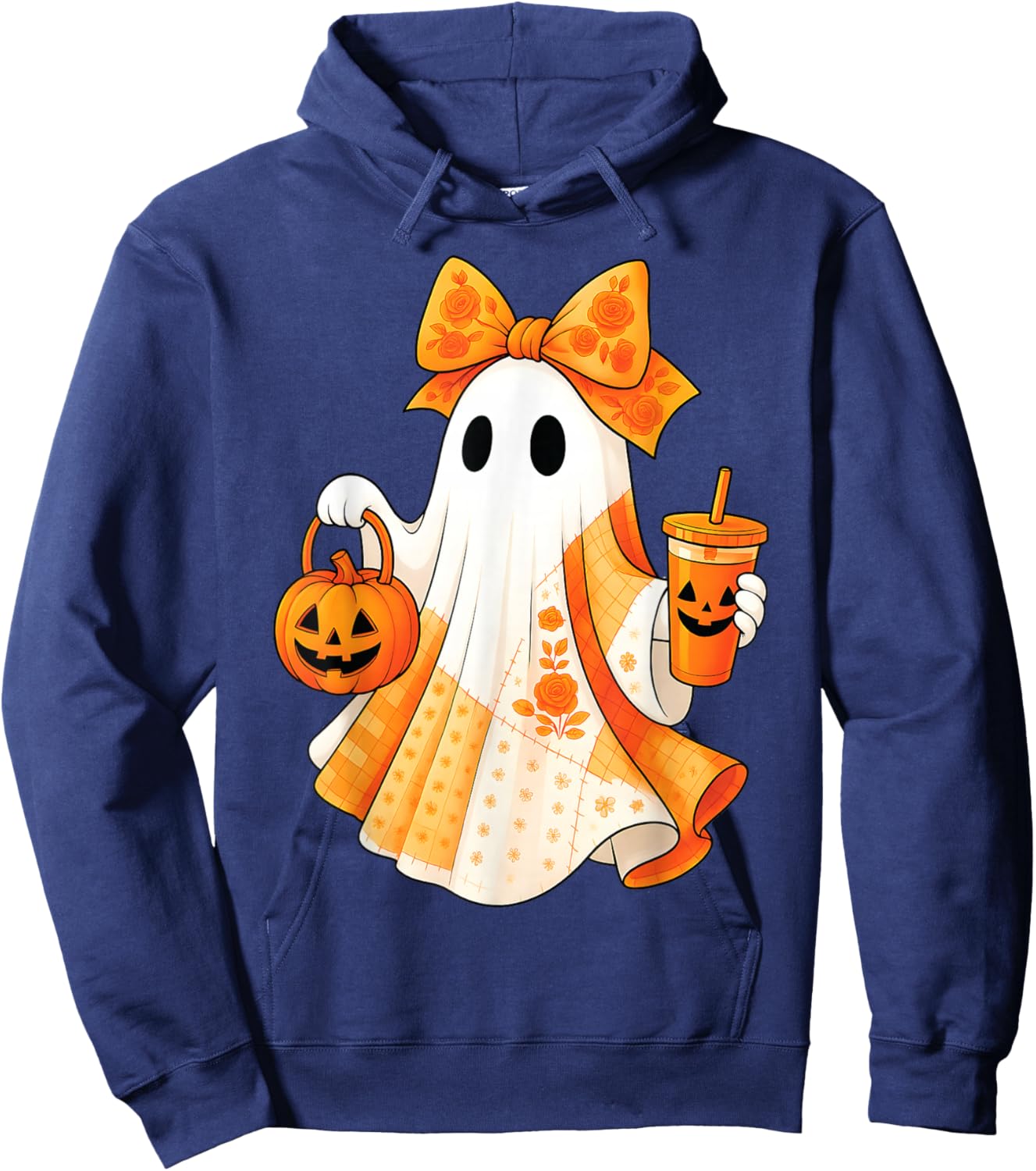 Spooky Cute Ghost Drinking Iced Coffee Pumpkin Bow Halloween Hoodie - Hoodie | Navy