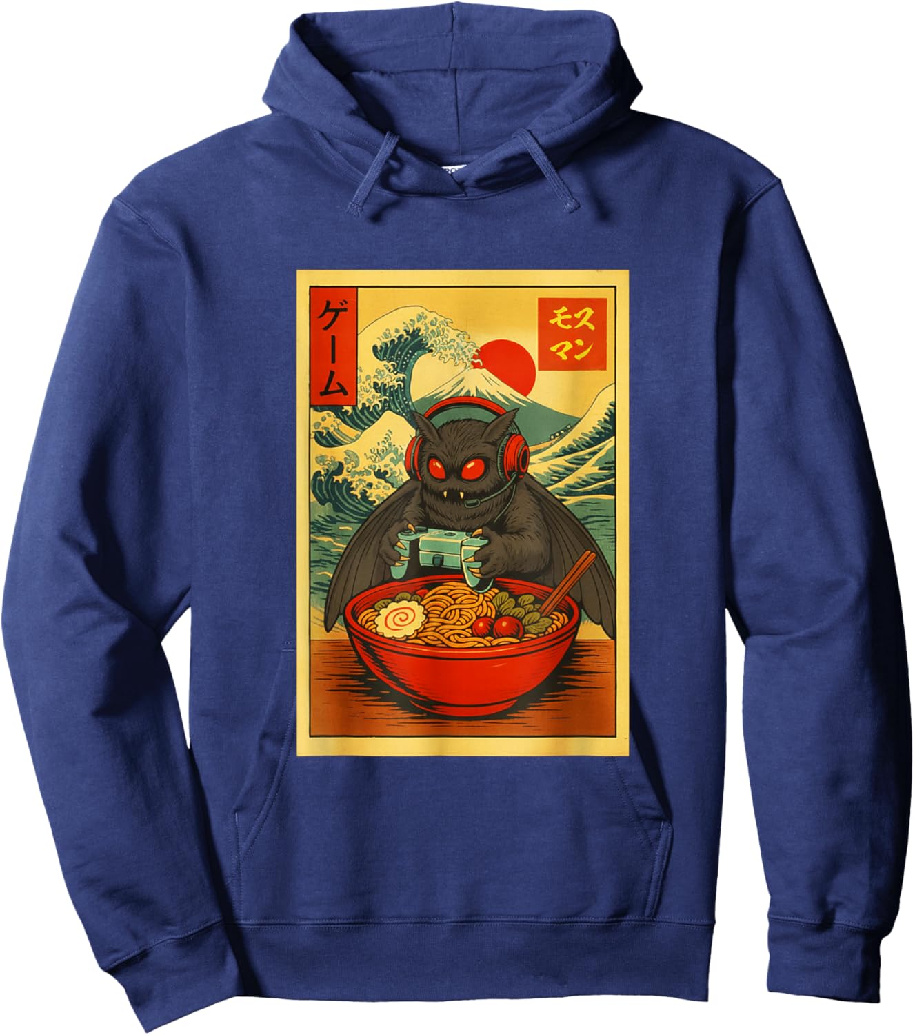 Mothman Crptid Gaming Ramen Ukiyo-e Great Wave Retro Art Hoodie - Hoodie | Navy
