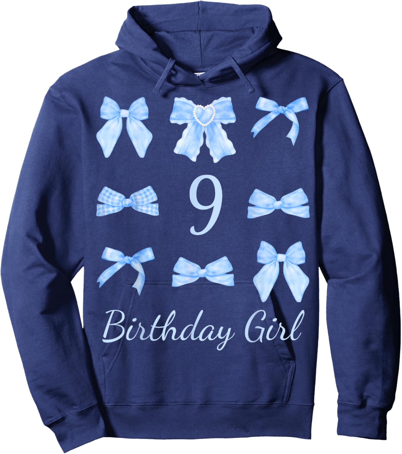 Cute 9 Year Old Birthday Girl Blue Bow and Ribbons Hoodie - Hoodie | Navy