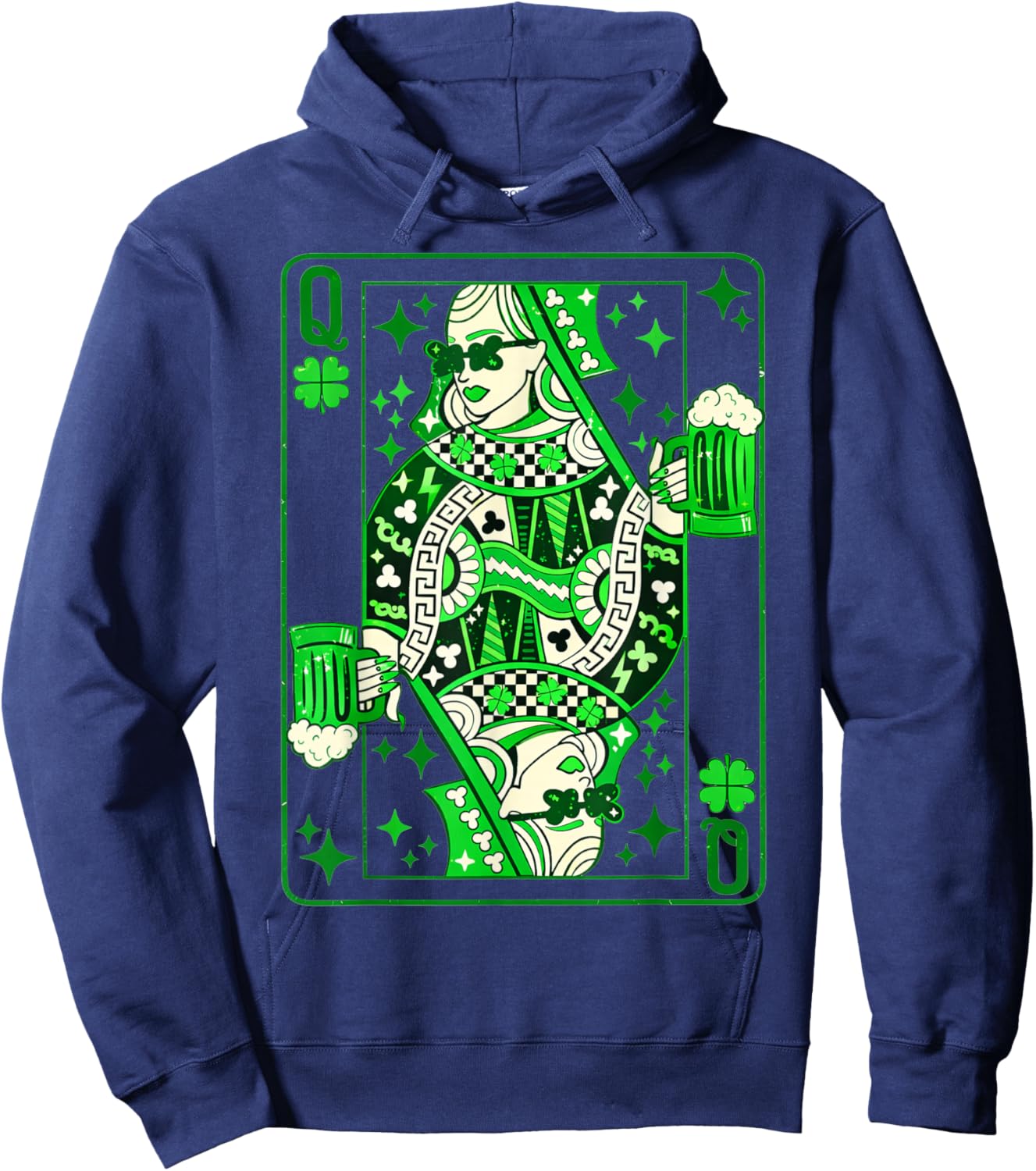 Shamrock Queen Playing Card Saint Patricks Day Hoodie - Hoodie | Navy