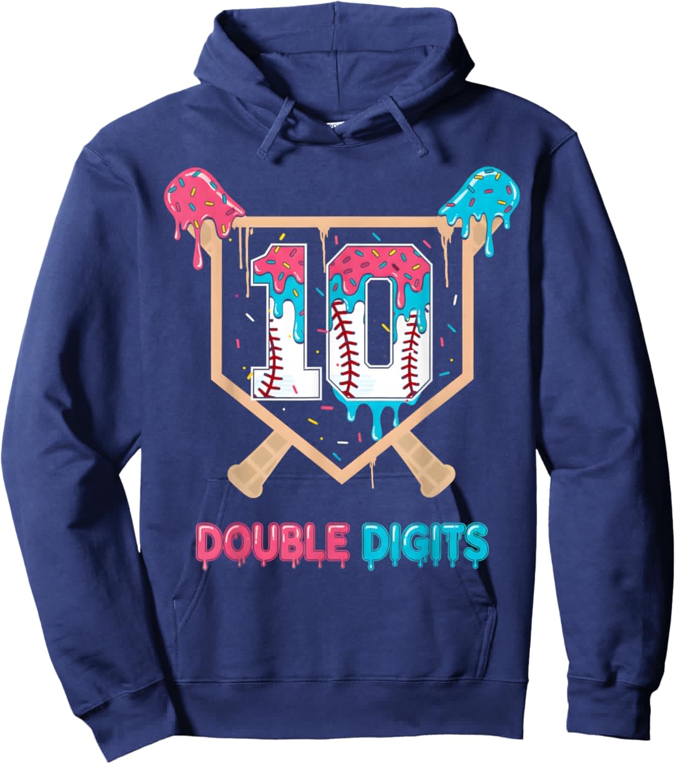 Baseball 10 Year Old Ice Cream Drip 10th Bday Double Digits Hoodie - Hoodie | Navy