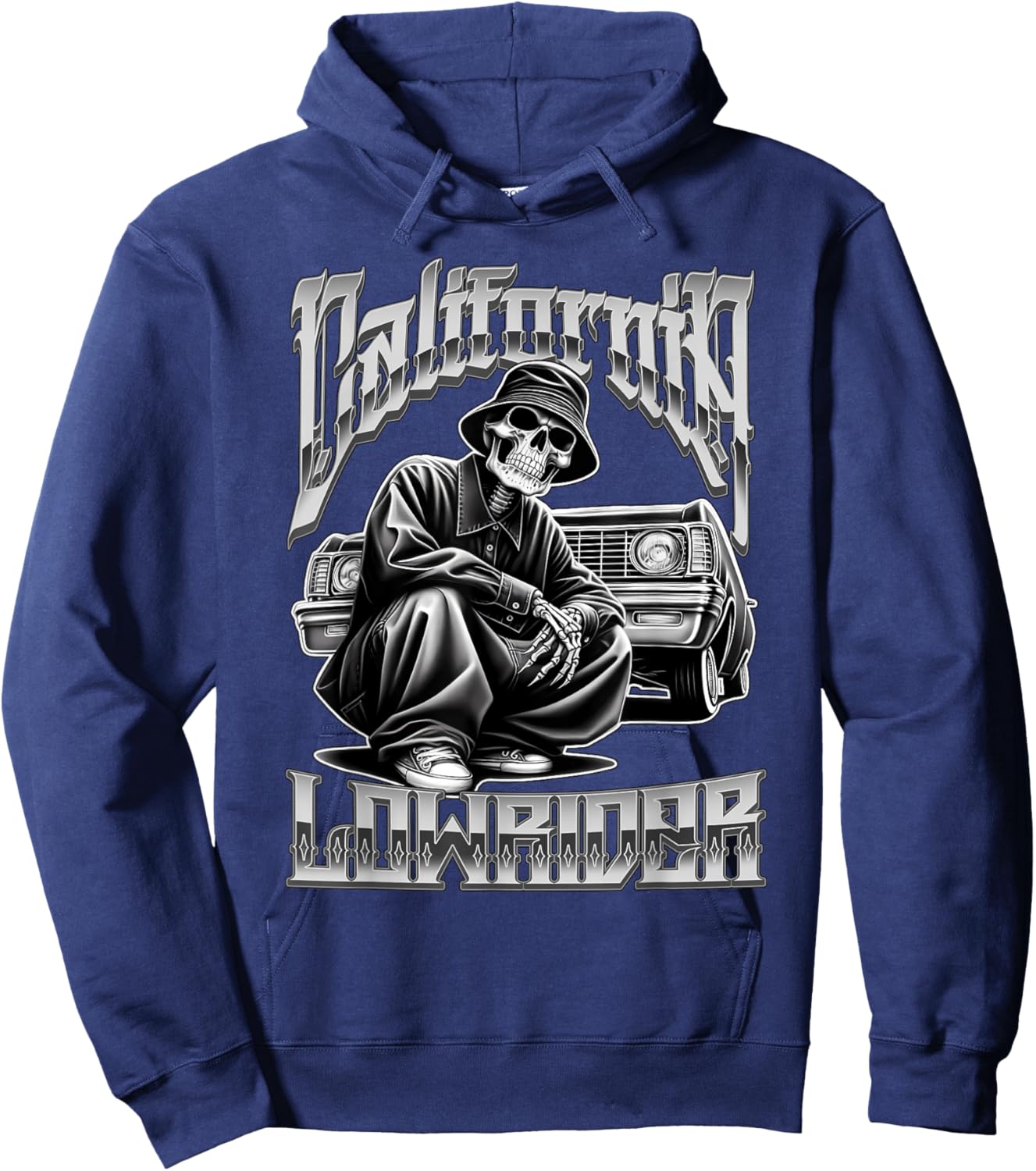 California Low Rider Chicano Tattoo Art Cholo Skeleton Hoodie - Hoodie | Navy