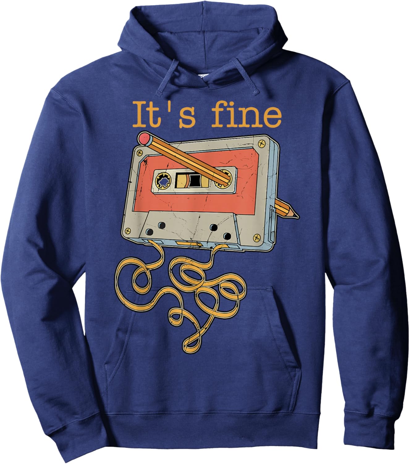 Vintage It's Fine Cassette Tape with Pencil 80's 90's Music Hoodie - Hoodie | Navy
