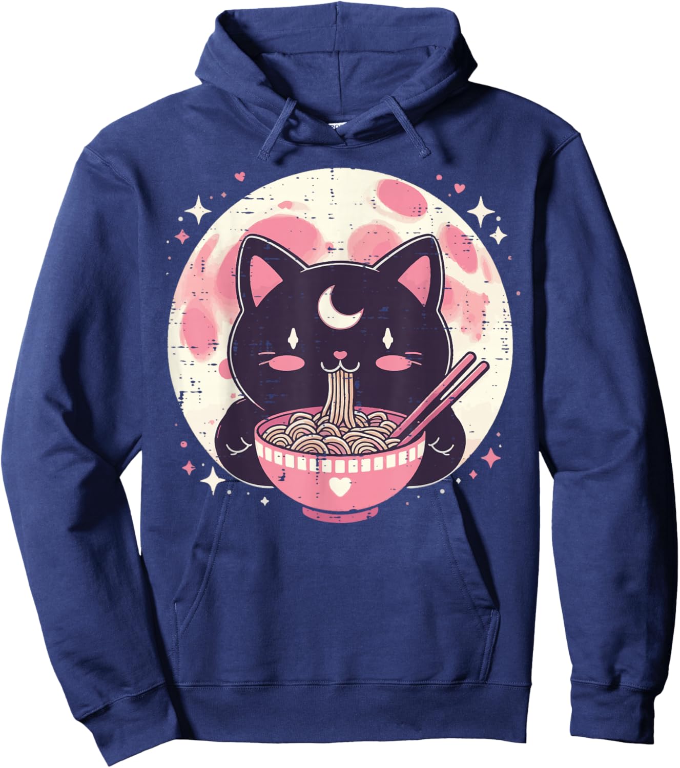 Black Cat Ramen Moon Kawaii Japanese Food Girls Kids Women Hoodie - Hoodie | Navy