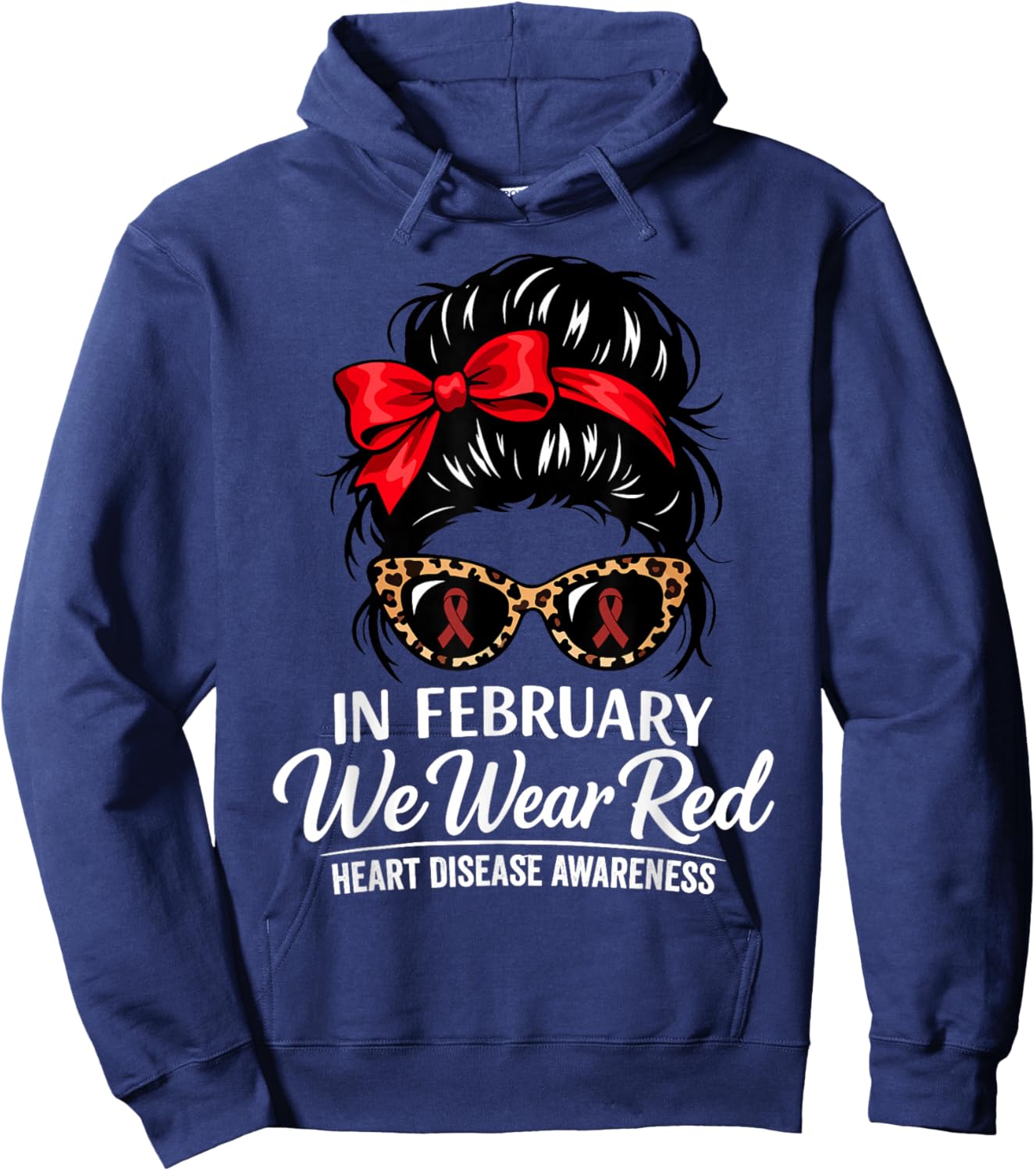 in February We Wear Red Heart Disease Awareness Red Ribbon Hoodie - Hoodie | Navy