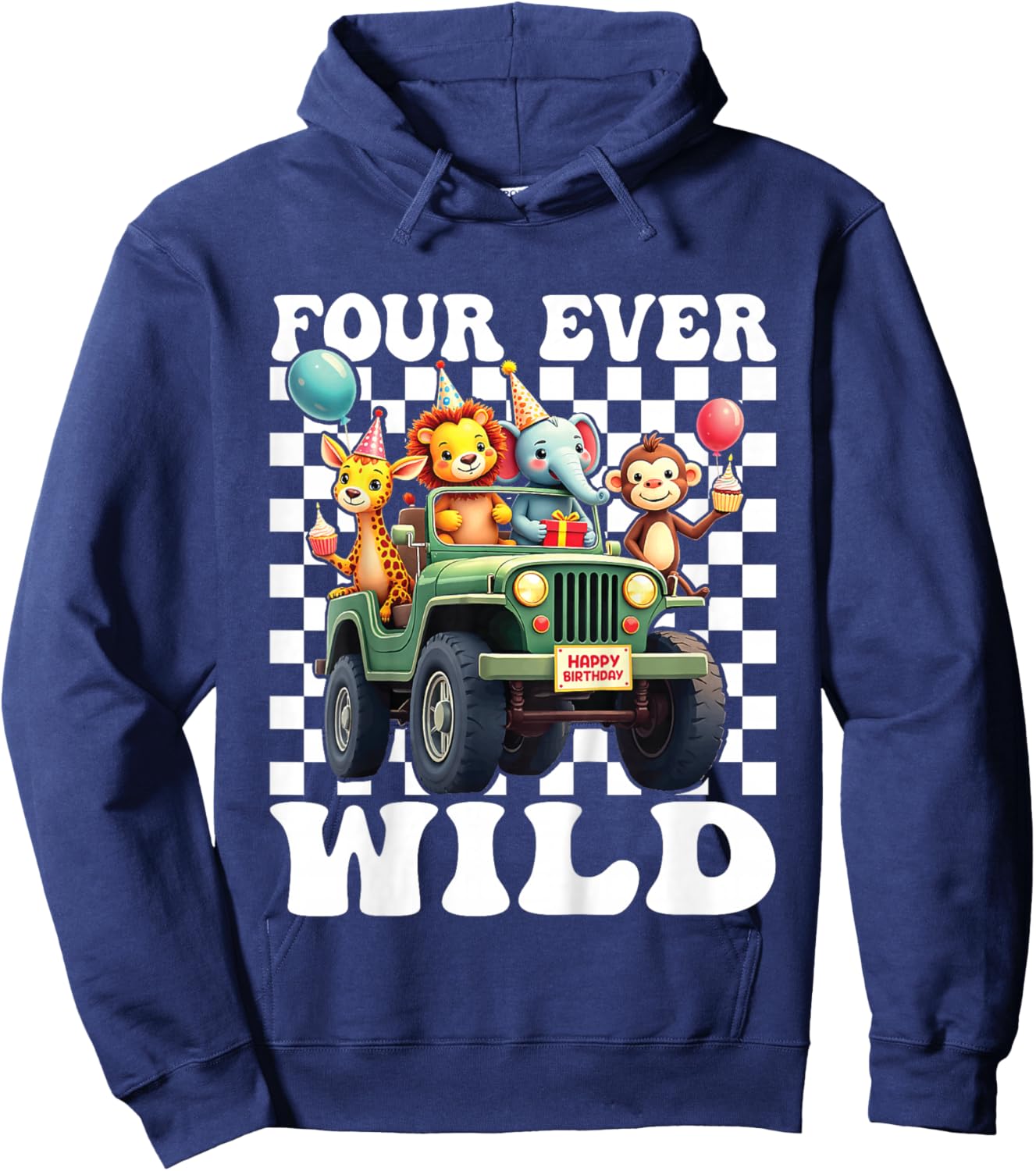 Four Ever Wild 4th Birthday 4 Year Old Birthday Zoo Safari Hoodie - Hoodie | Navy