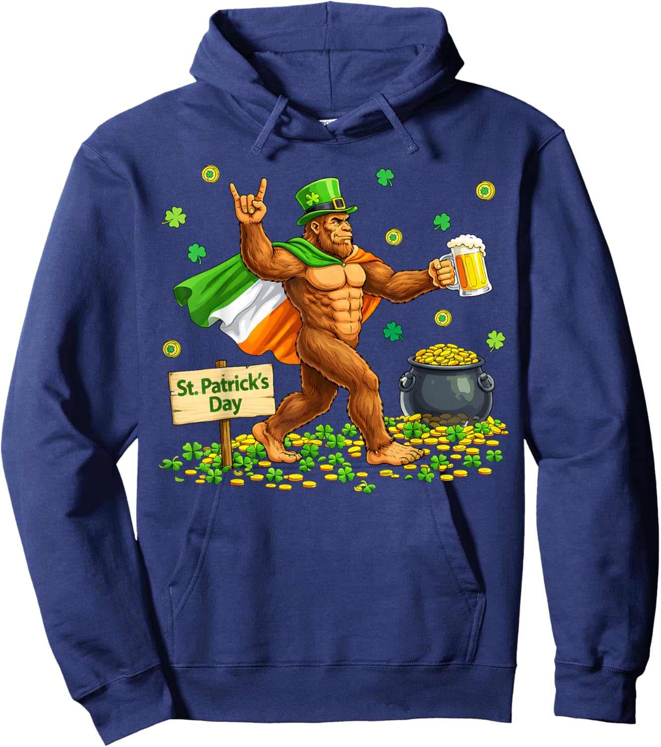 Bigfoot St Patrick's Day Irish Flag Cape Beer Rock Sasquatch Hoodie - Hoodie | Navy
