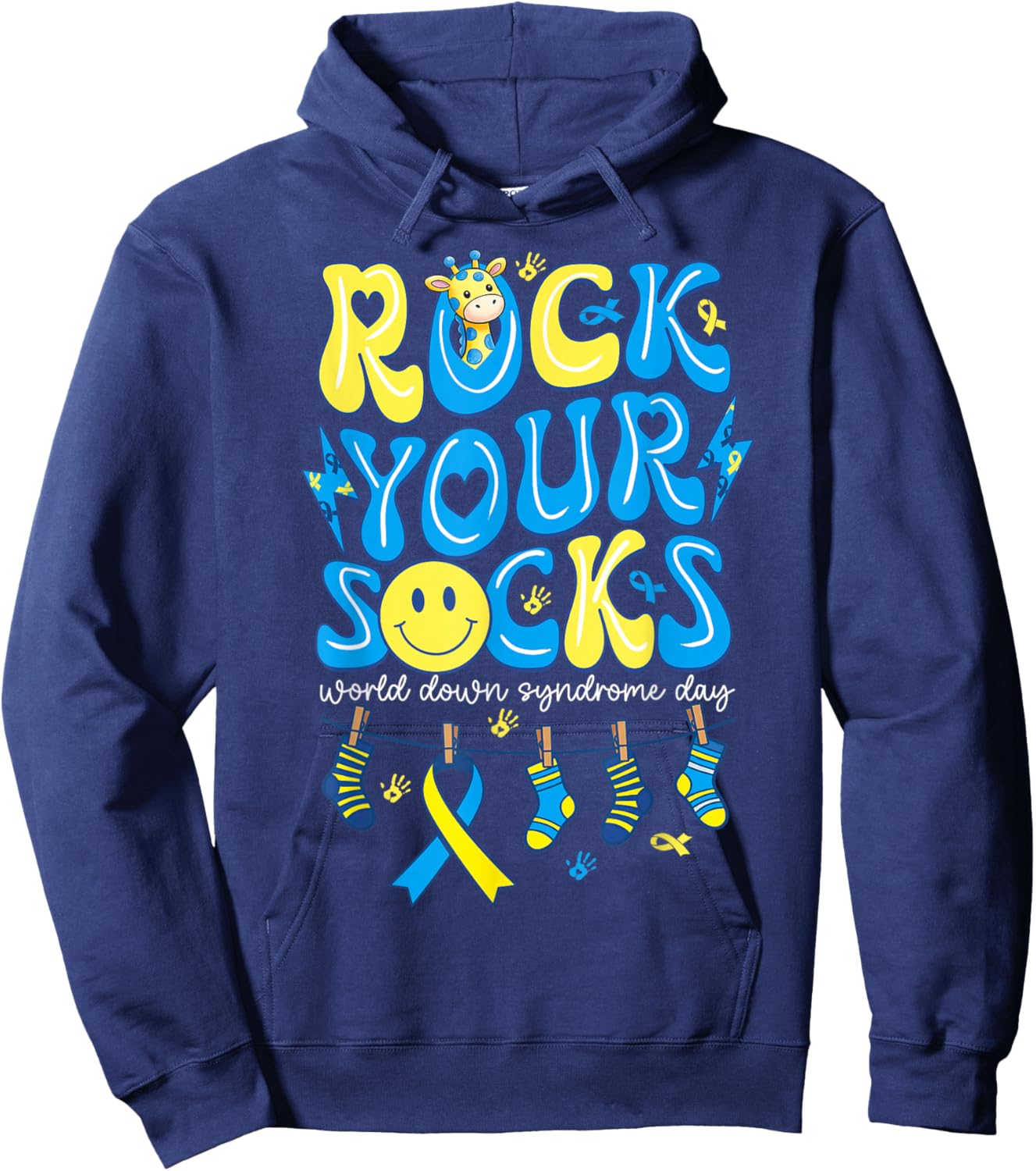 Rock Your Socks World Down Syndrome Day Blue Yellow Ribbon Hoodie - Hoodie | Navy