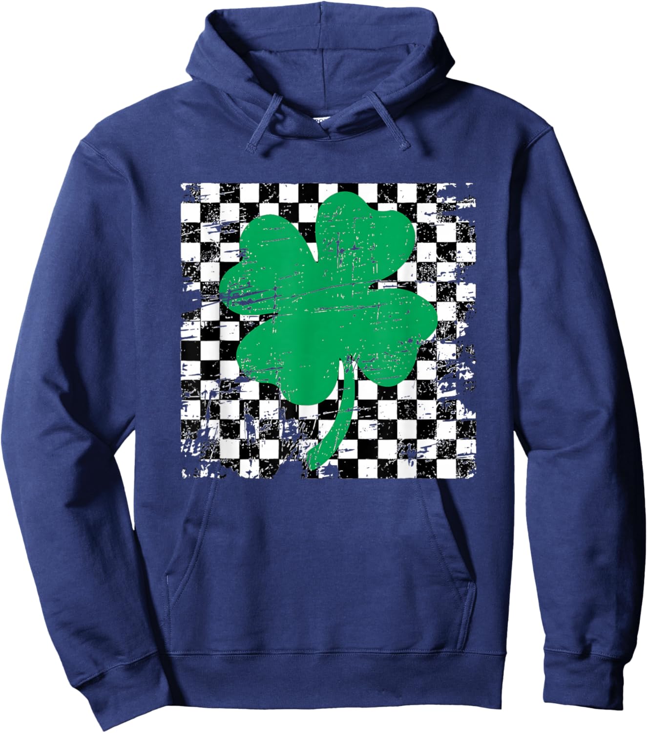 St. Patrick’s Green Clover Checker Design Retro Aesthetic Hoodie - Hoodie | Navy