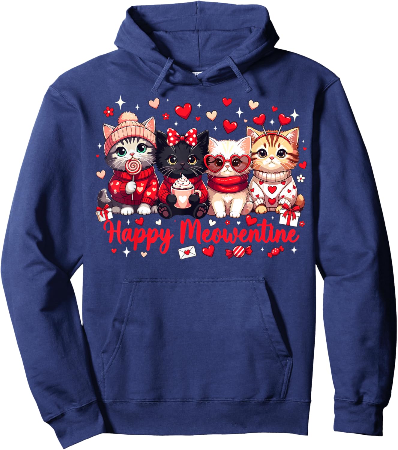 Happy Meowentine Cute Cat Lover Valentine Heart Hoodie - Hoodie | Navy