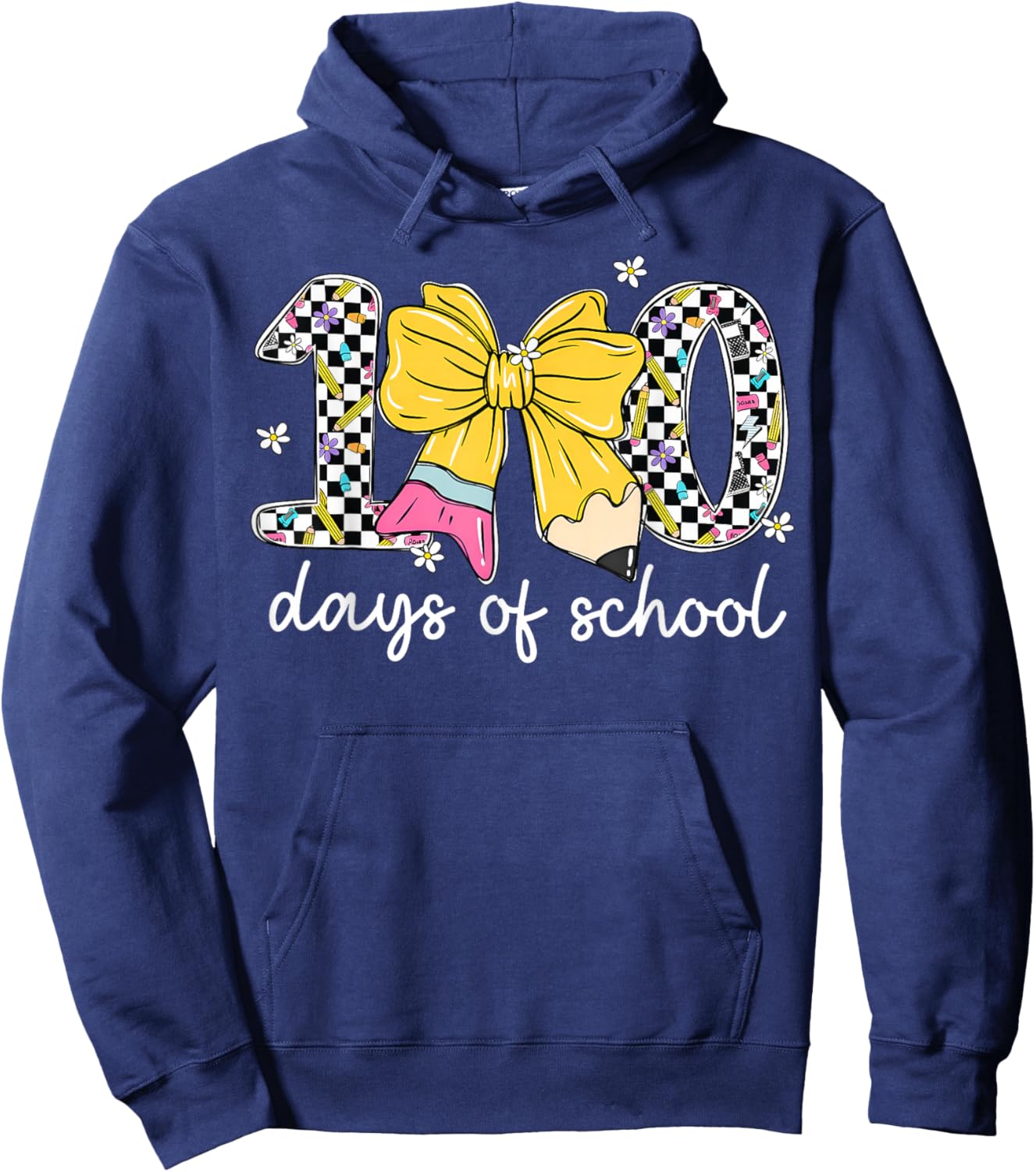 Floral Checkered 100 Days of School Pencil Bow Women Girl Hoodie - Hoodie | Navy