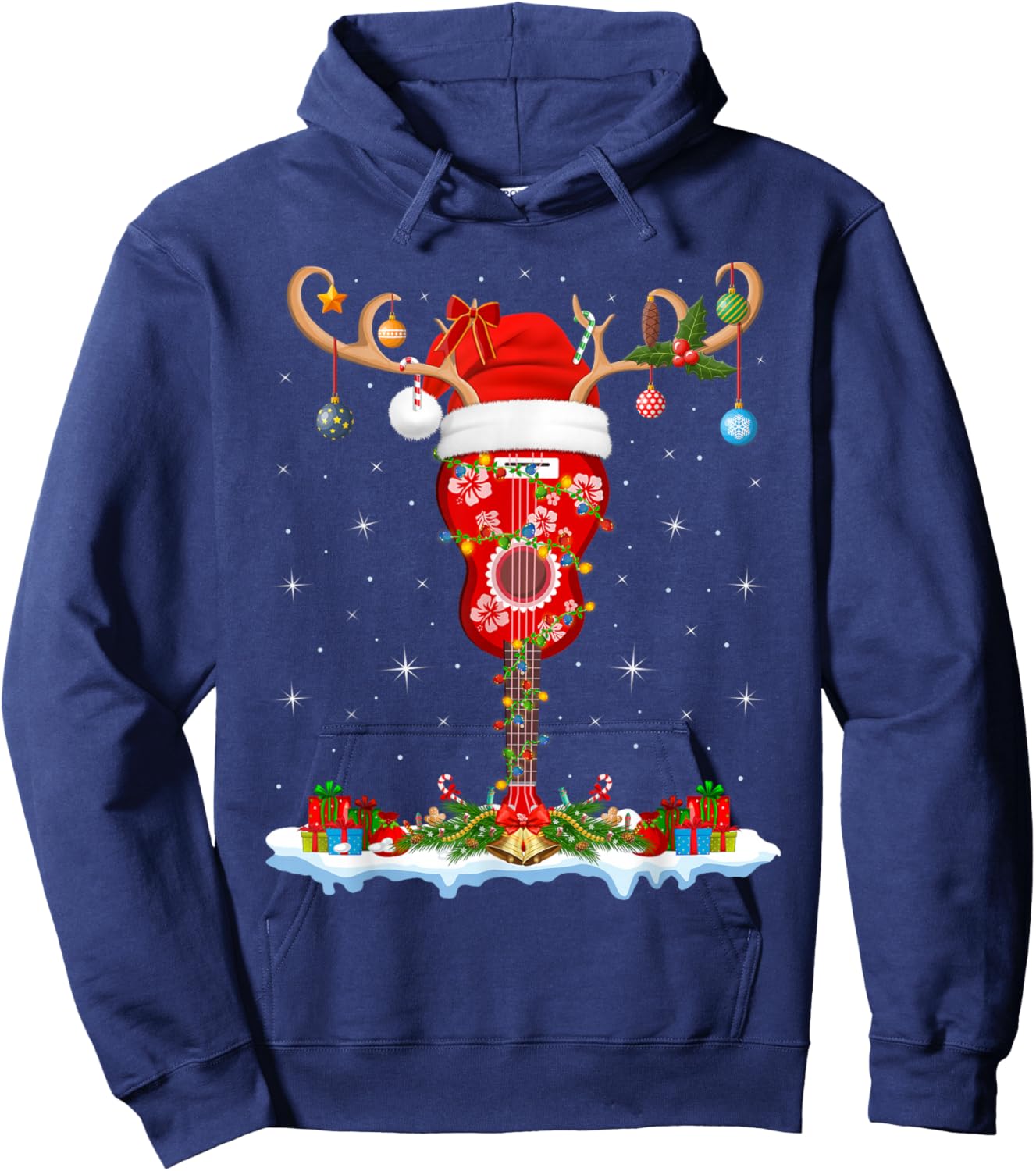 Ukulele Guitar Christmas Reindeer Santa Hat Hawaiian Xmas Hoodie - Hoodie | Navy