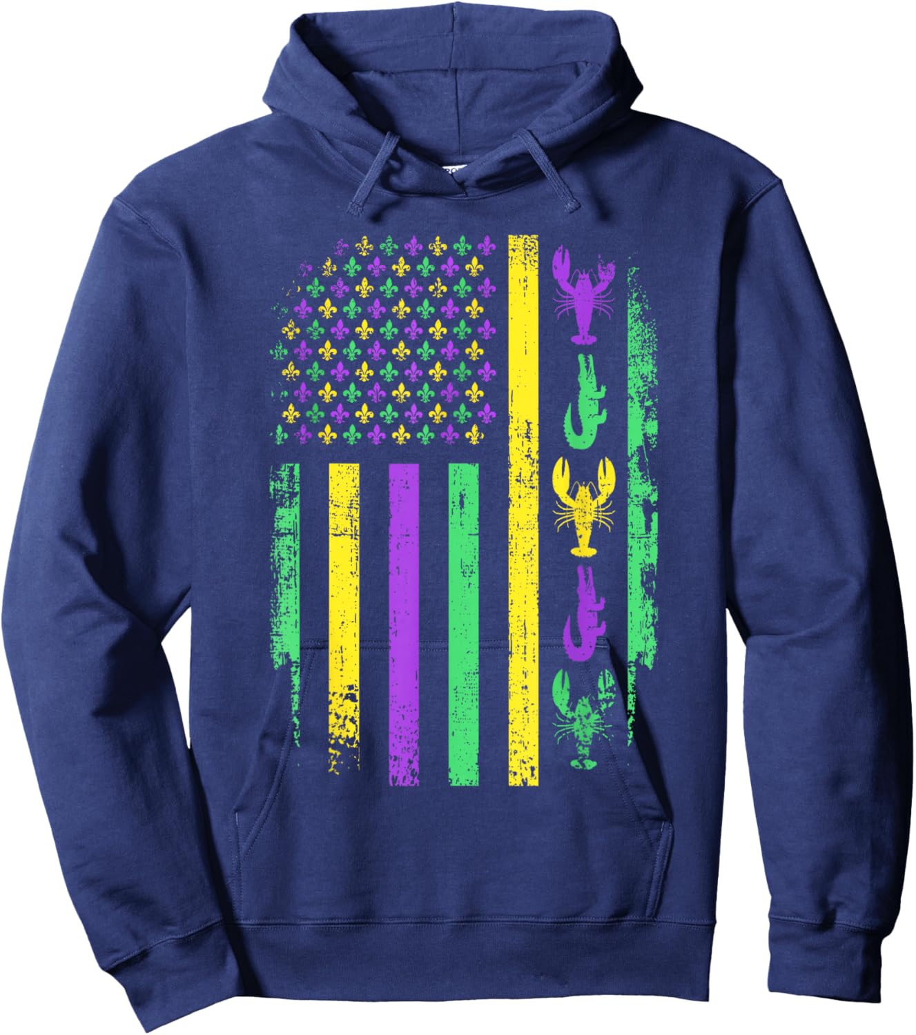 Carnival Mardi Gras American Flag Crawfish Alligator Parade Hoodie - Hoodie | Navy