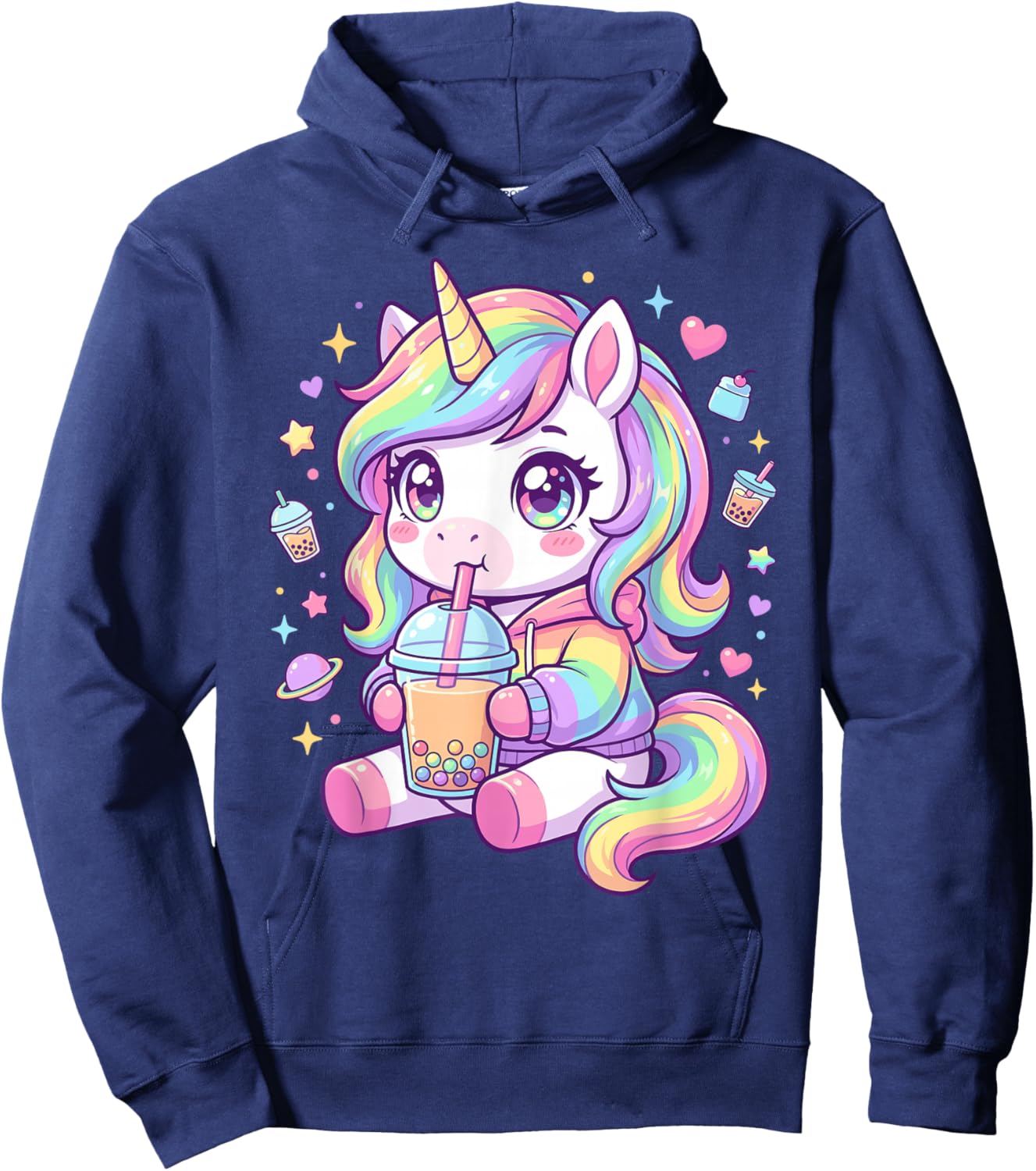 Adorable Pastel Unicorn Drinking Boba Art Kawaii Pony Hoodie - Hoodie | Navy
