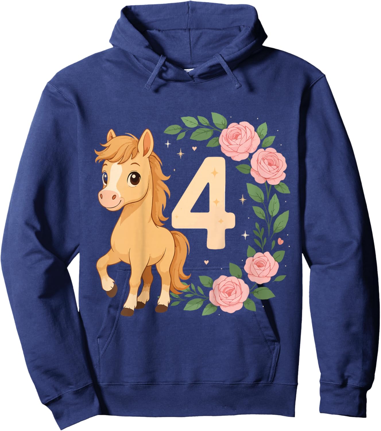 4th Birthday Girl Pony Horse Flowers 4 Years Old Hoodie - Hoodie | Navy