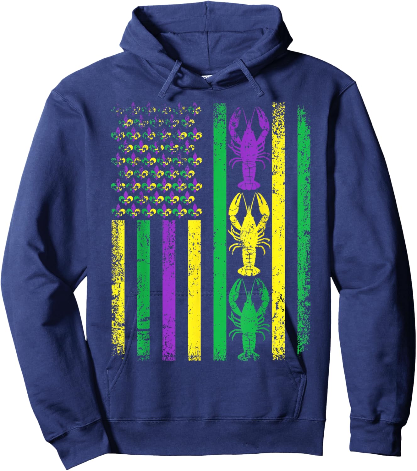 Retro Mardi Gras USA American Flag Crawfish Parade Men Women Hoodie - Hoodie | Navy