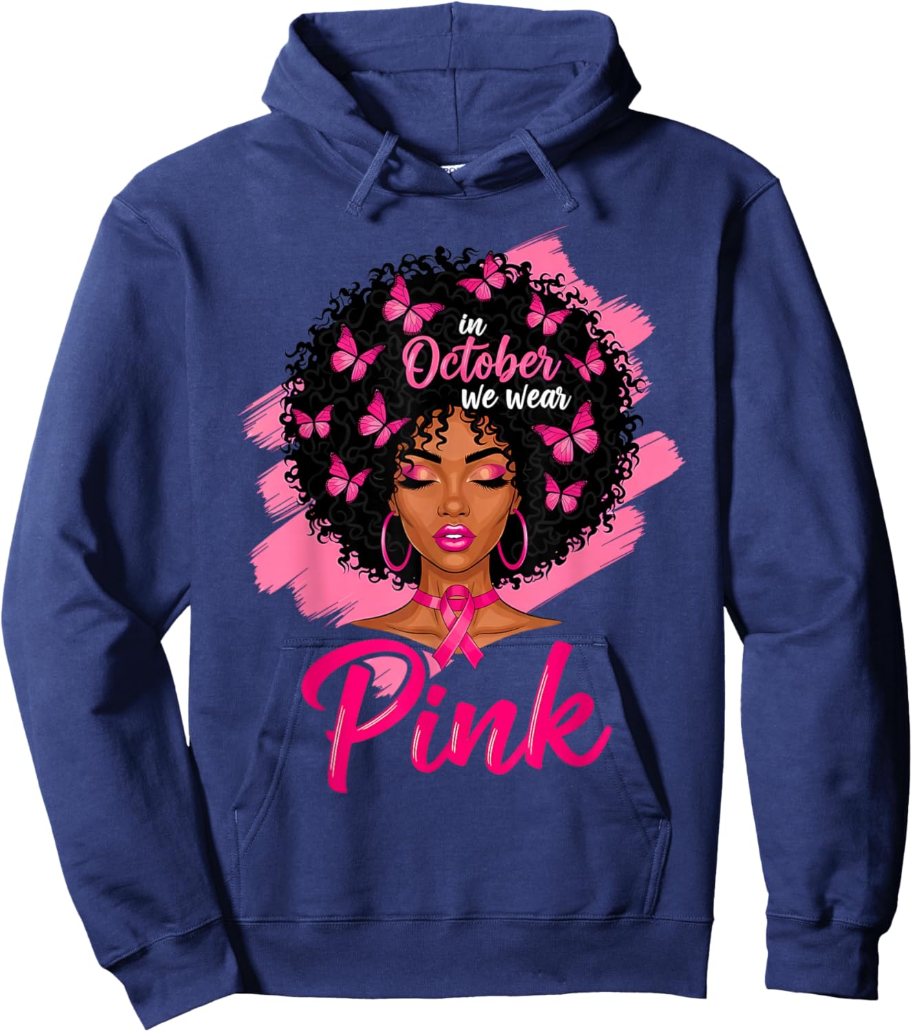 in October We Wear Pink Black Women Breast Cancer Awareness Hoodie - Hoodie | Navy