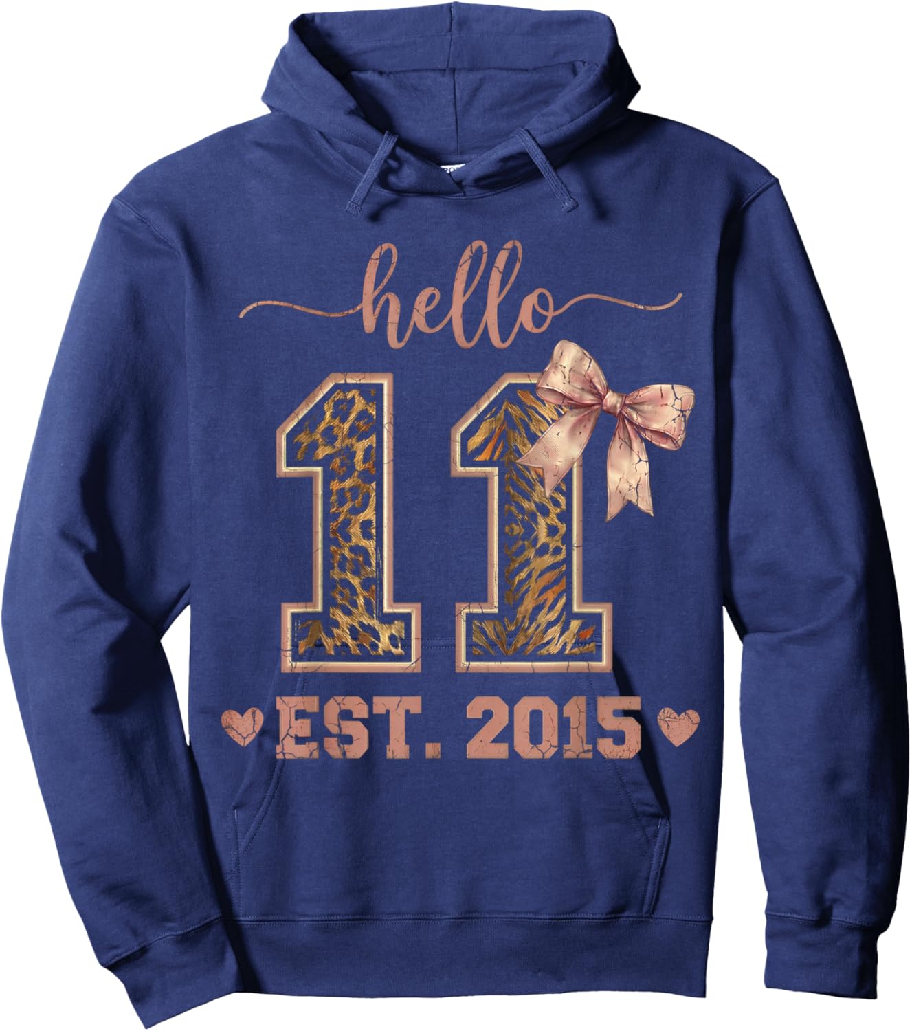 Hello Eleven EST 2015 11th Birthday Coquette 11 Year Leopard Hoodie - Hoodie | Navy