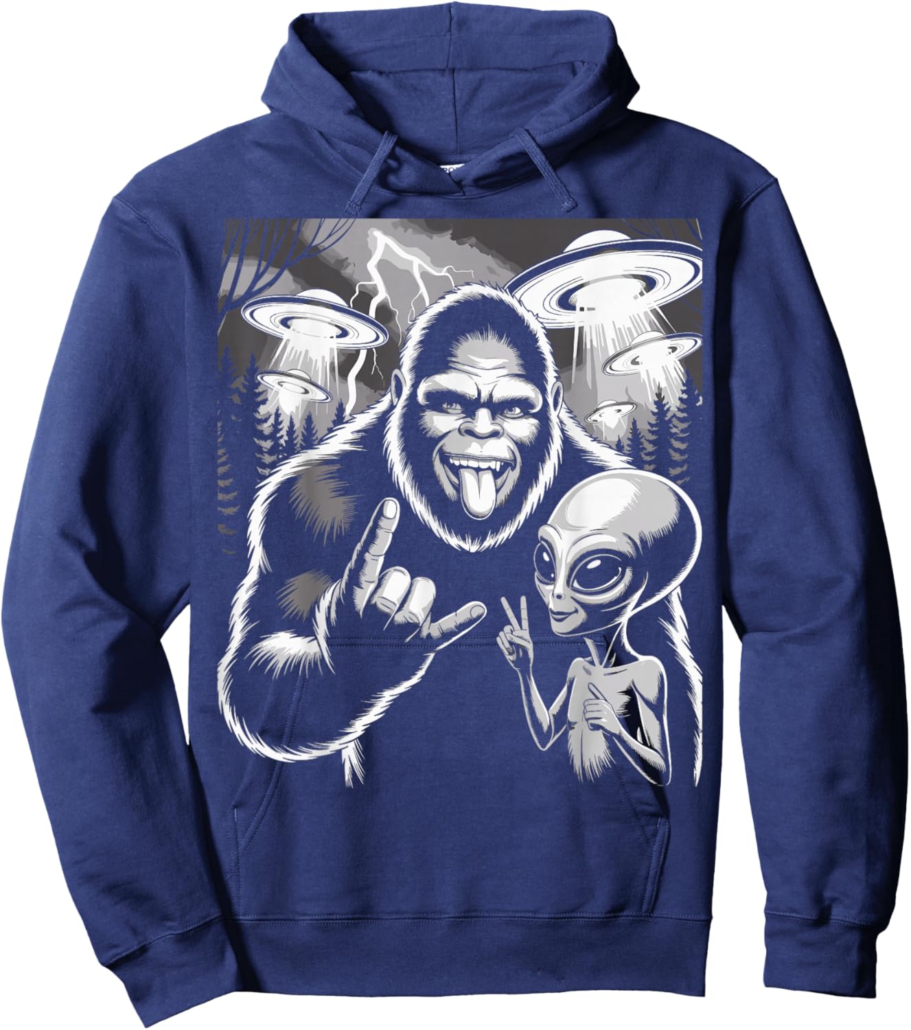 Funny Bigfoot & Alien Sasquatch Rock On Hand Sign UFO Selfie Hoodie - Hoodie | Navy