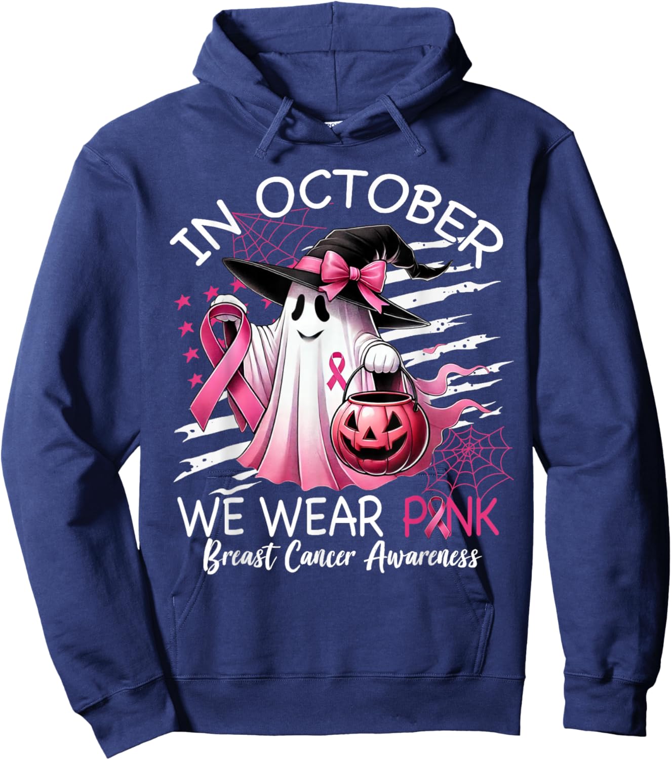 in October We Wear Pink Boo Ghost Breast Cancer Pink Ribbon Hoodie - Hoodie | Navy
