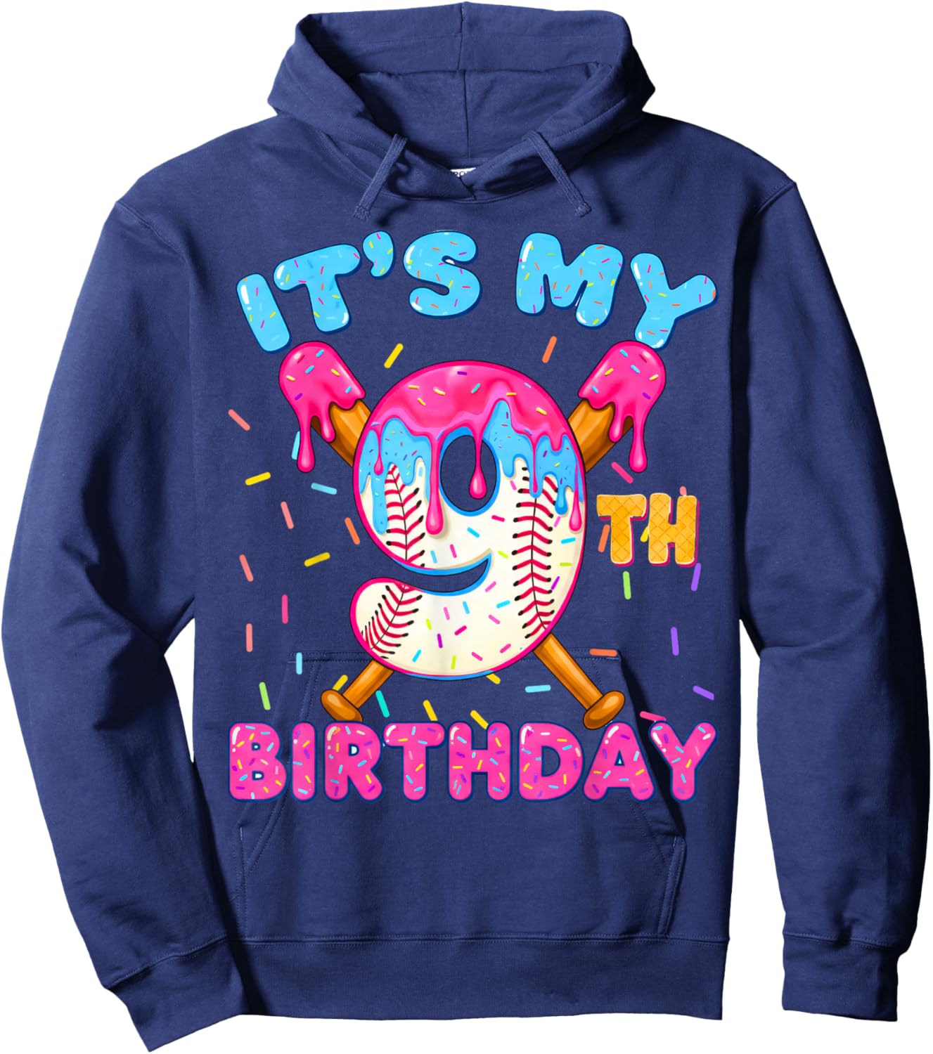 9th Birthday Baseball 9 Year Old Ice Cream Drip Boy Baseball Hoodie - Hoodie | Navy