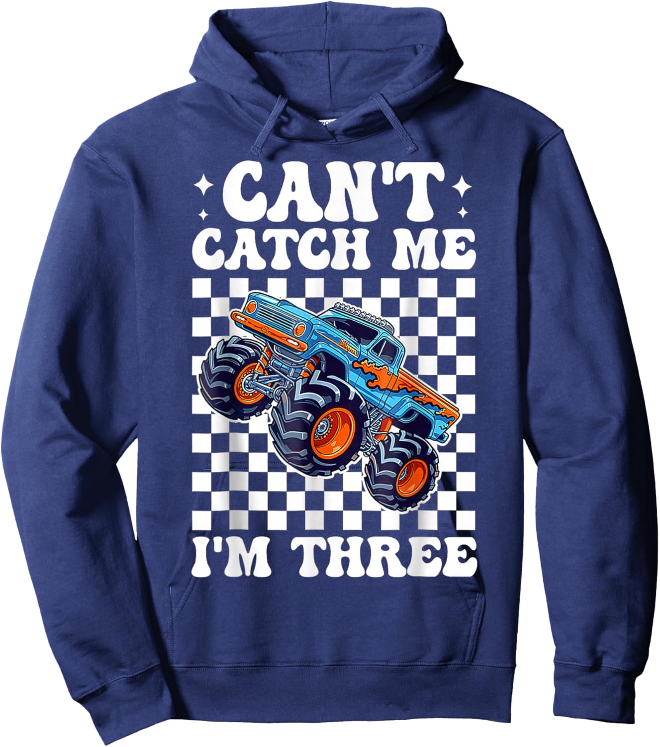 Kids Can’t Catch Me I’m Three 3rd Birthday Boy Monster Truck Hoodie - Hoodie | Navy