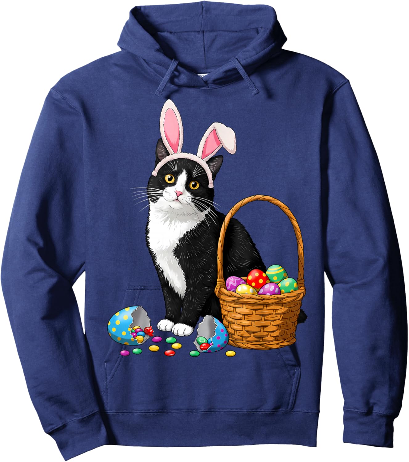 Easter Day Cat Bunny Ears Eggs Graphic Men Women Kids Funny Hoodie - Hoodie | Navy
