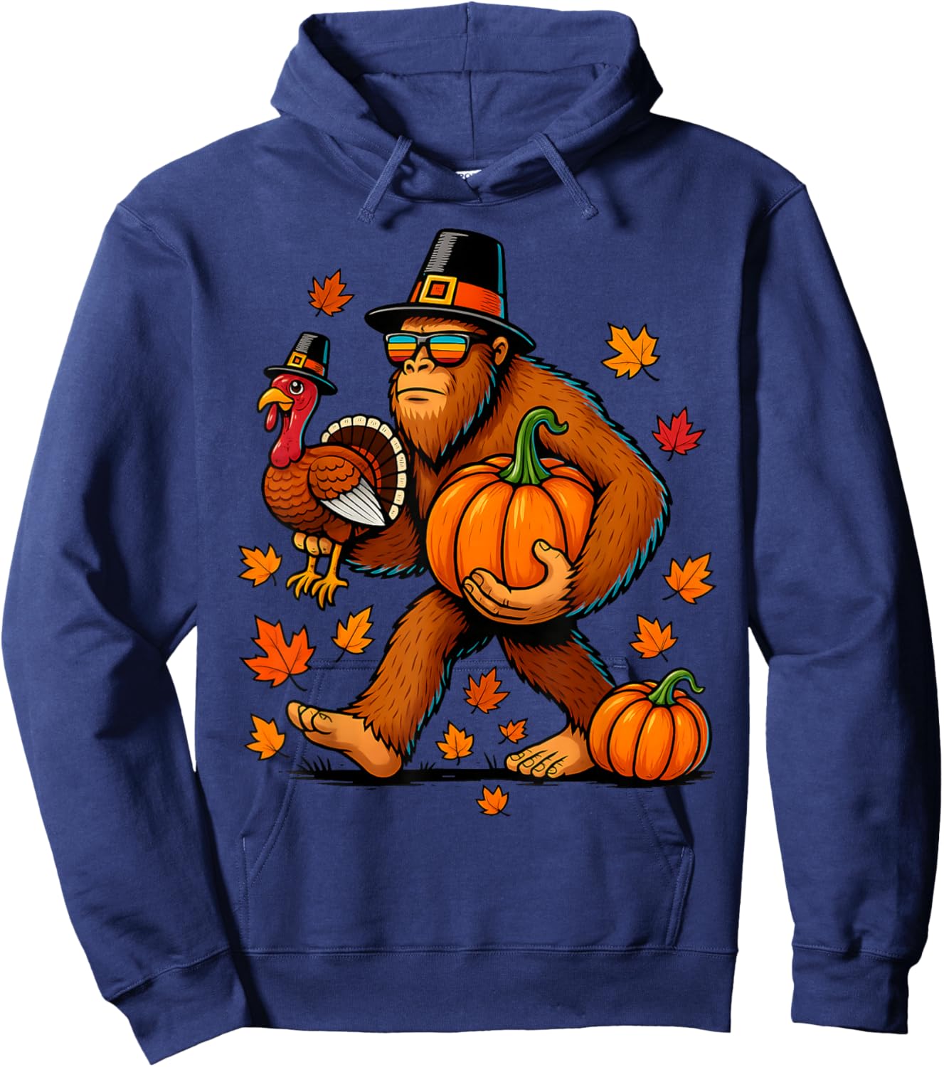 Pilgrim Turkey Pumpkin Thanksgiving Day Bigfoot Boys Men Hoodie - Hoodie | Navy
