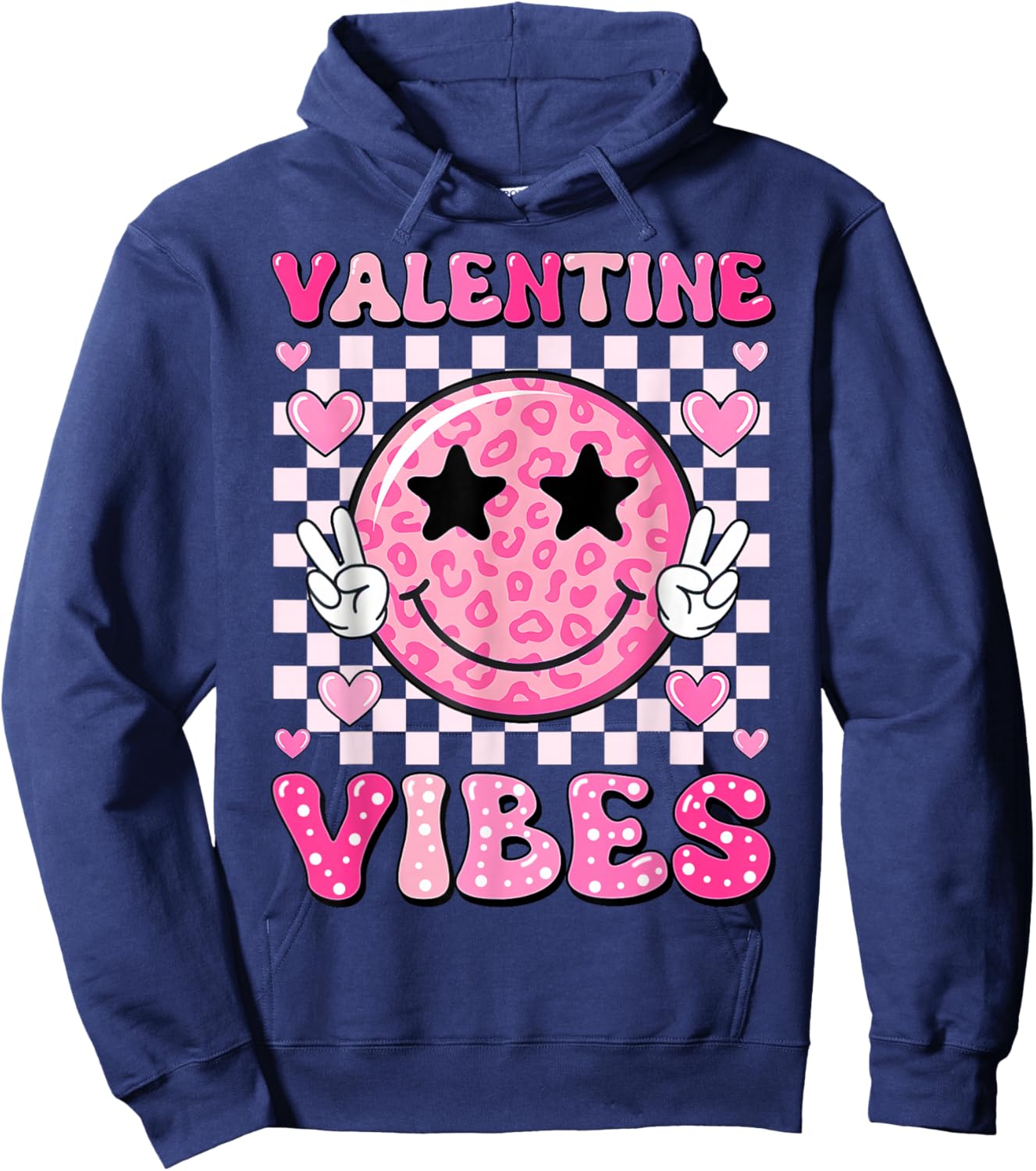 Groovy Valentine Vibes Cute Heart Happy Valentines Men Women Hoodie - Hoodie | Navy