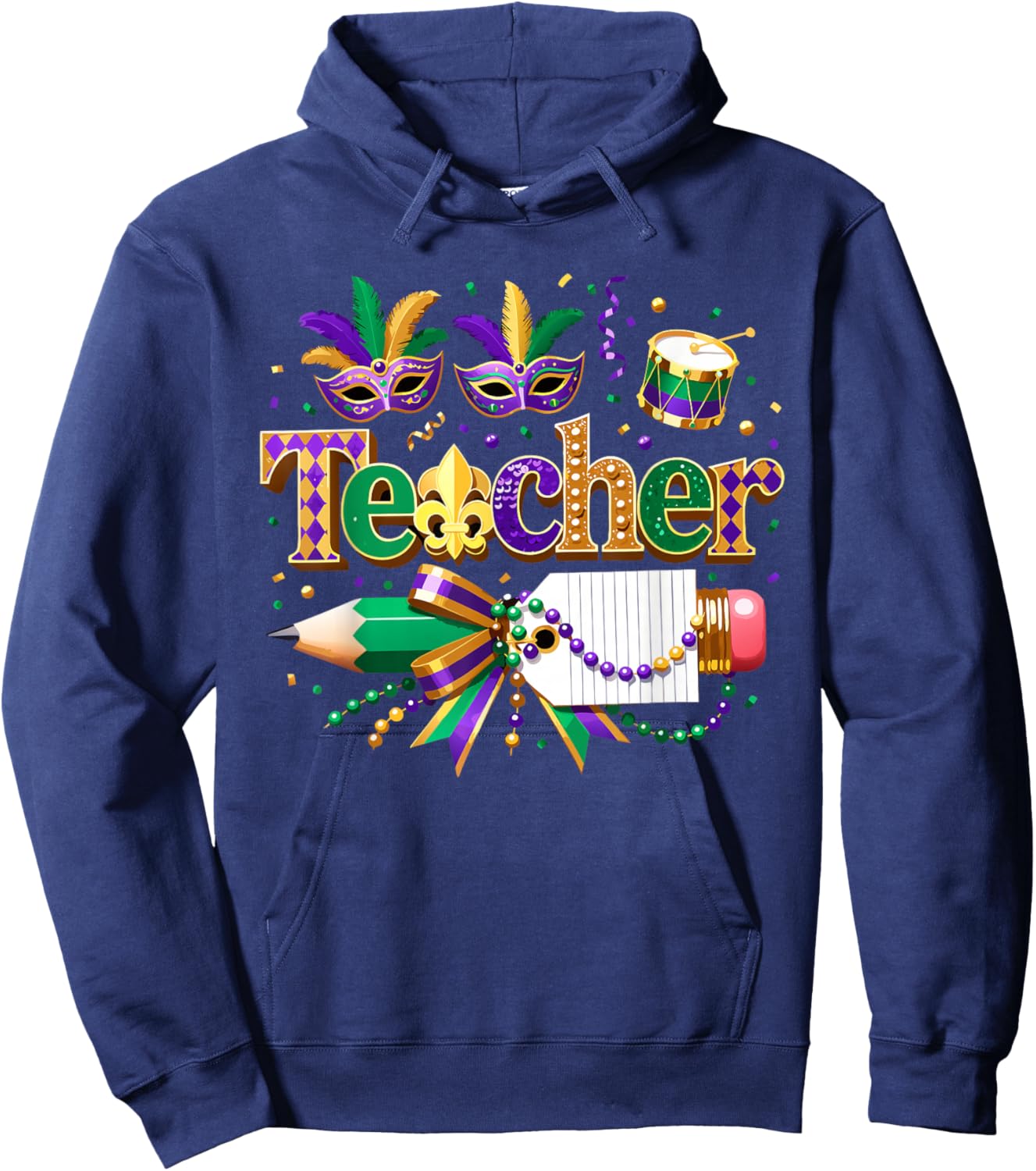 Custom Mardi Gras Teacher Coquette Pencil Holiday Mask Bow Hoodie - Hoodie | Navy