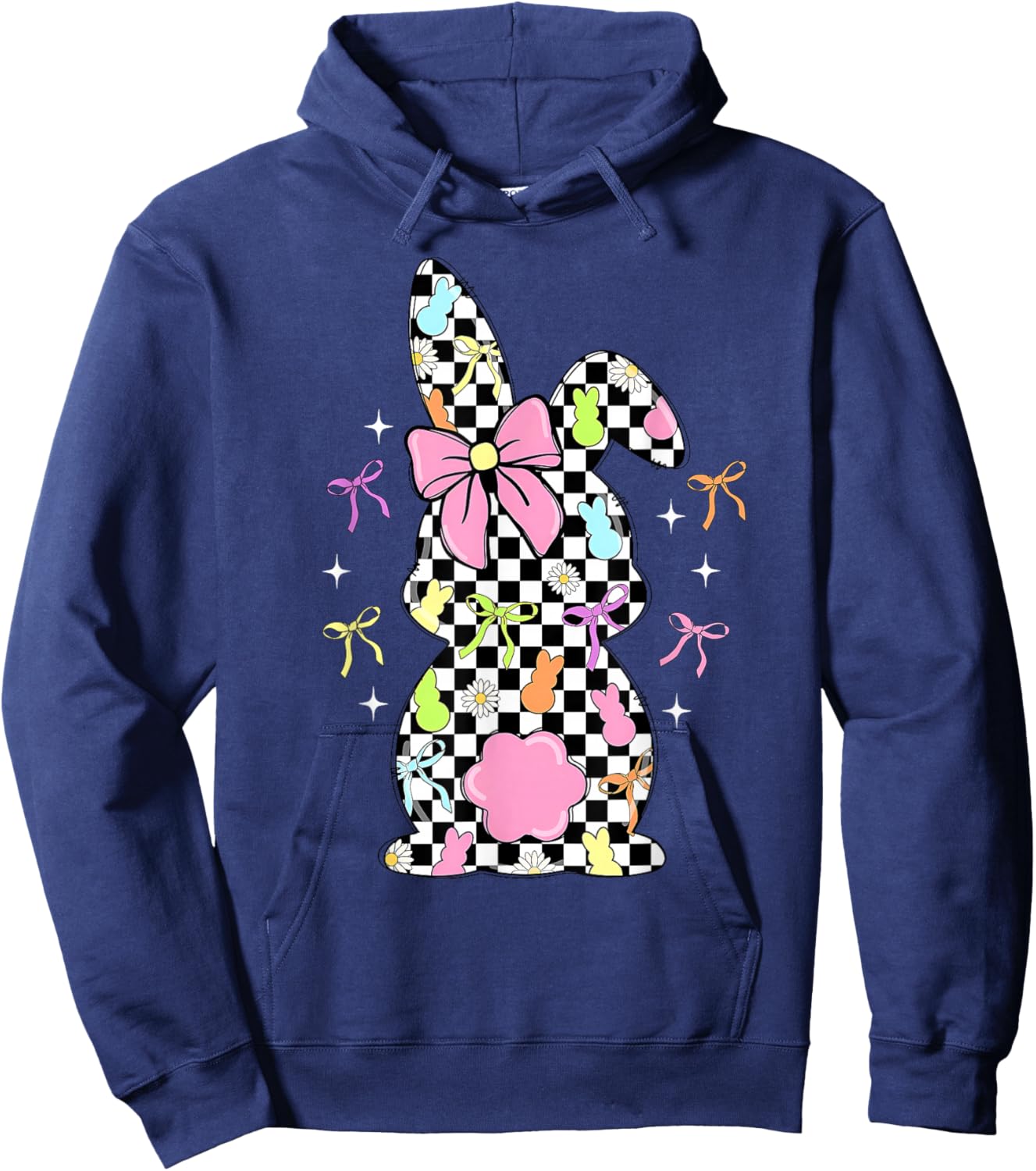 Funny Bunny Checkered Coquette Bow Rabbit Eggs Easter Retro Hoodie - Hoodie | Navy