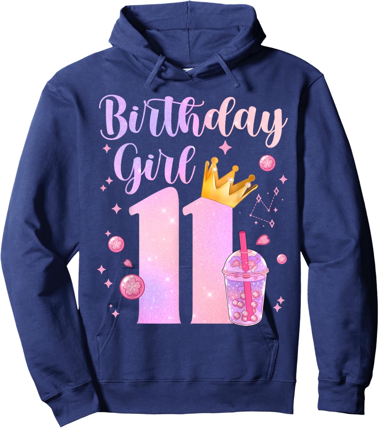 Birthday Girl 11 Yrs Old Boba Tea Theme Party 11th Bday Kids Hoodie - Hoodie | Navy
