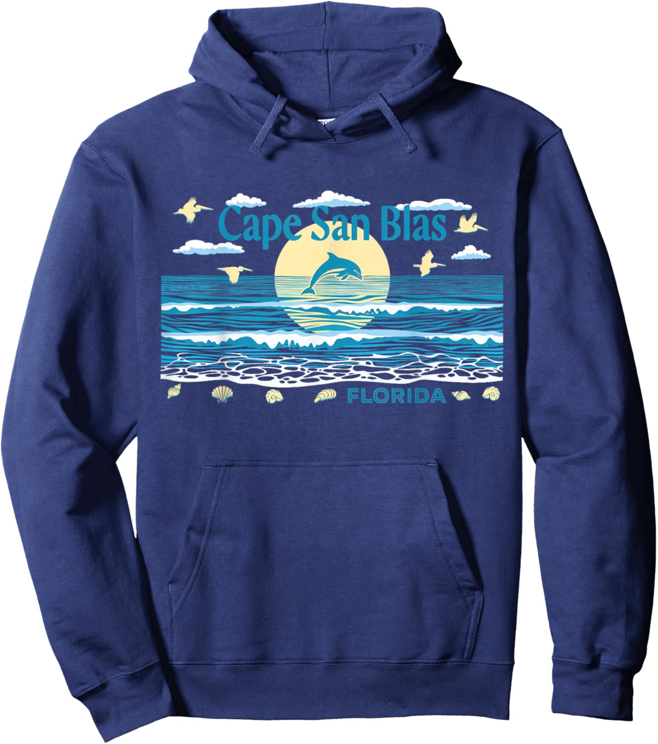 Cape San Blas FL Dolphin Pelican Waves Beach Vacation Hoodie - Hoodie | Navy