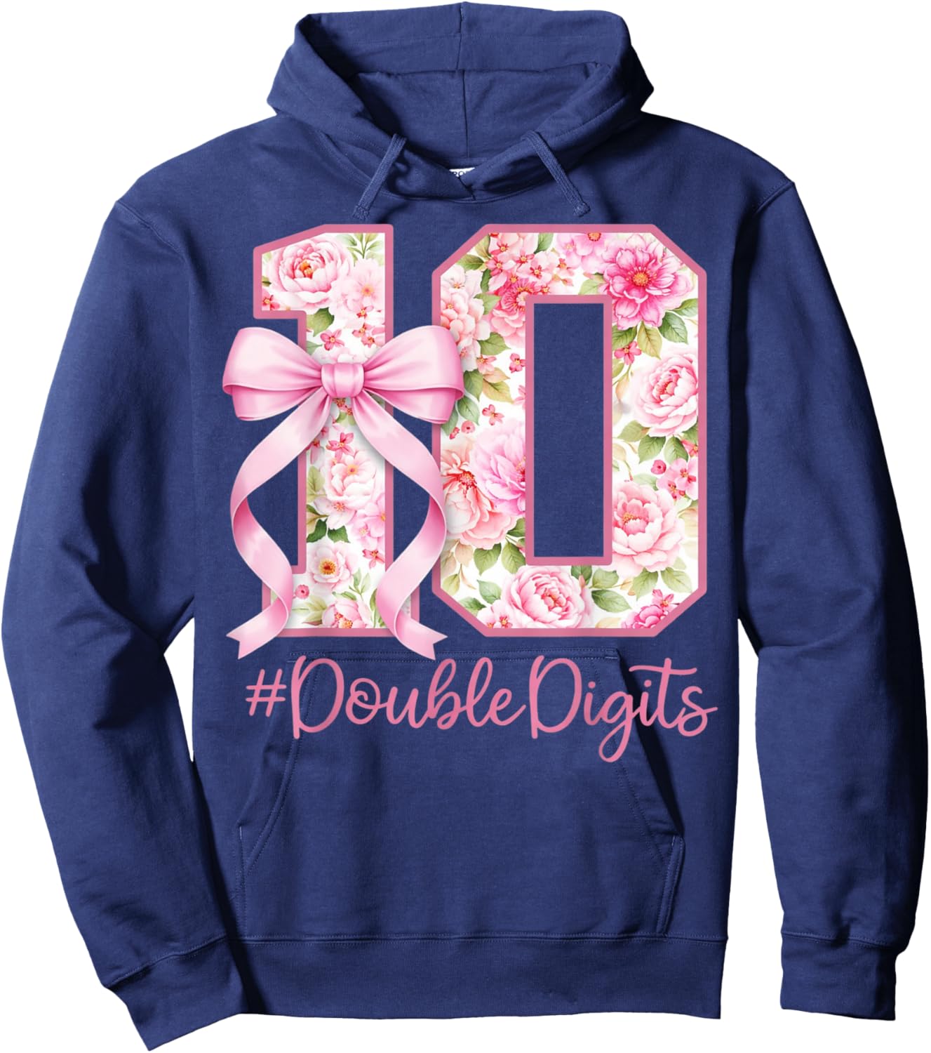 10 Years Old Double Digits Pink Coquette 10th Birthday Girl Hoodie - Hoodie | Navy